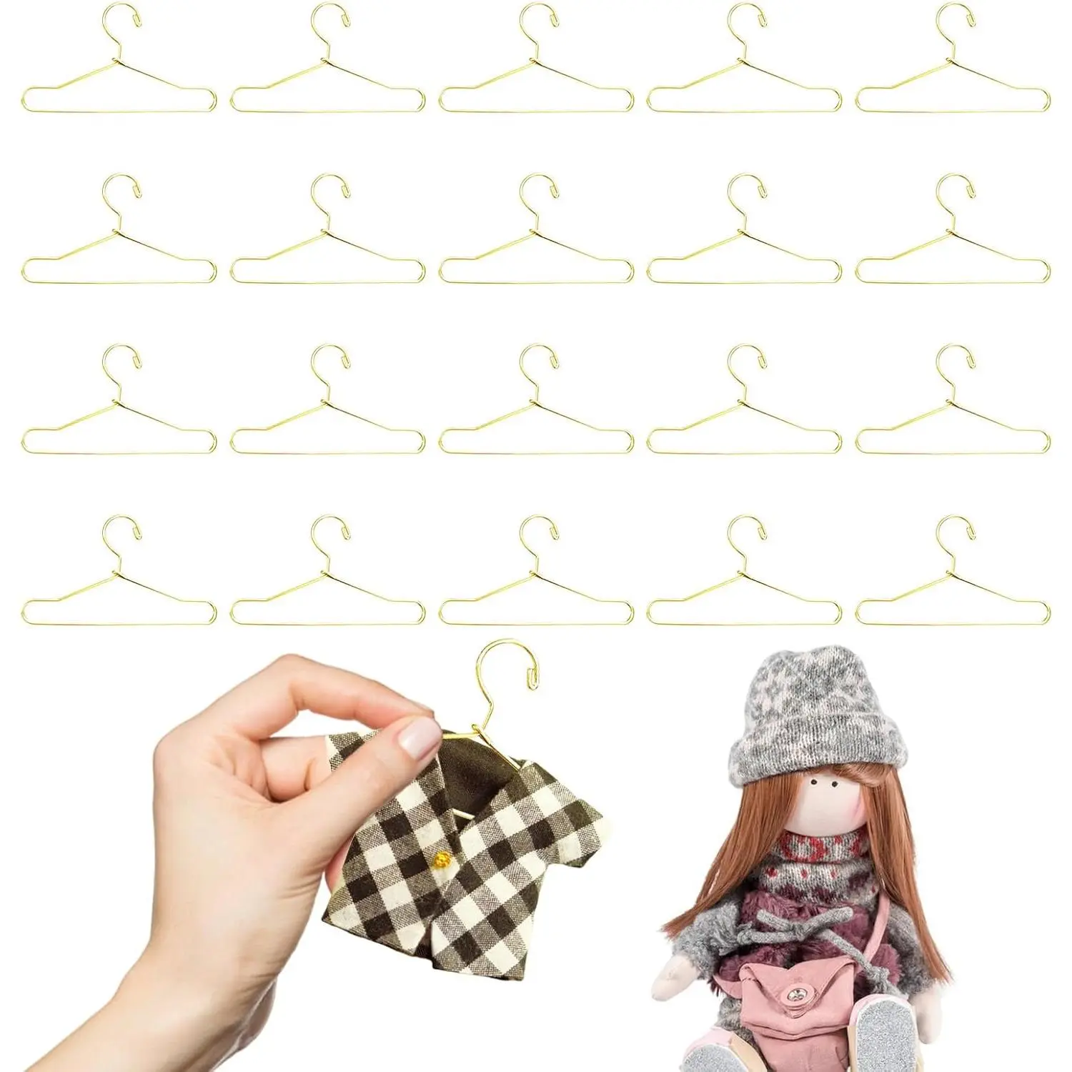 20 count Golden Mini Metal Clothes Hangers, 2.5 Inch Doll Clothing Hangers for Dollhouse Wardrobe, Doll Outfit Accessories and Closet Organization