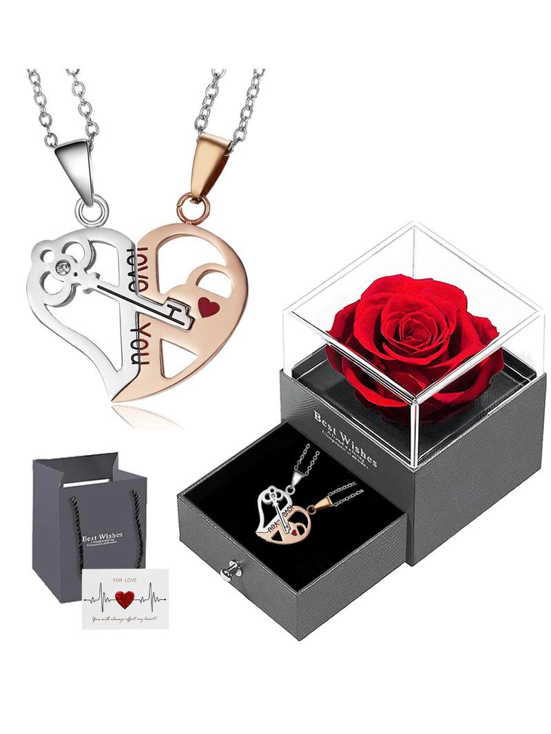 Valentine's Day Couple Jewelry Set with Rose Box, Including Rhinestones Decor Pendant Necklace & Heart Charm Bracelet, Adjustable Jewelry Set for Men & Women, Gift for Couple, Jewellery Gift Set, Mother's Day Gifts, Gift Set for Mothers, Gifts for Her