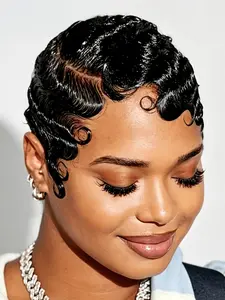 13x4 Lace Finger Wave Human Hair Wig Short Pixie Cut Wigs Finger Ocean Wave Wig for Women