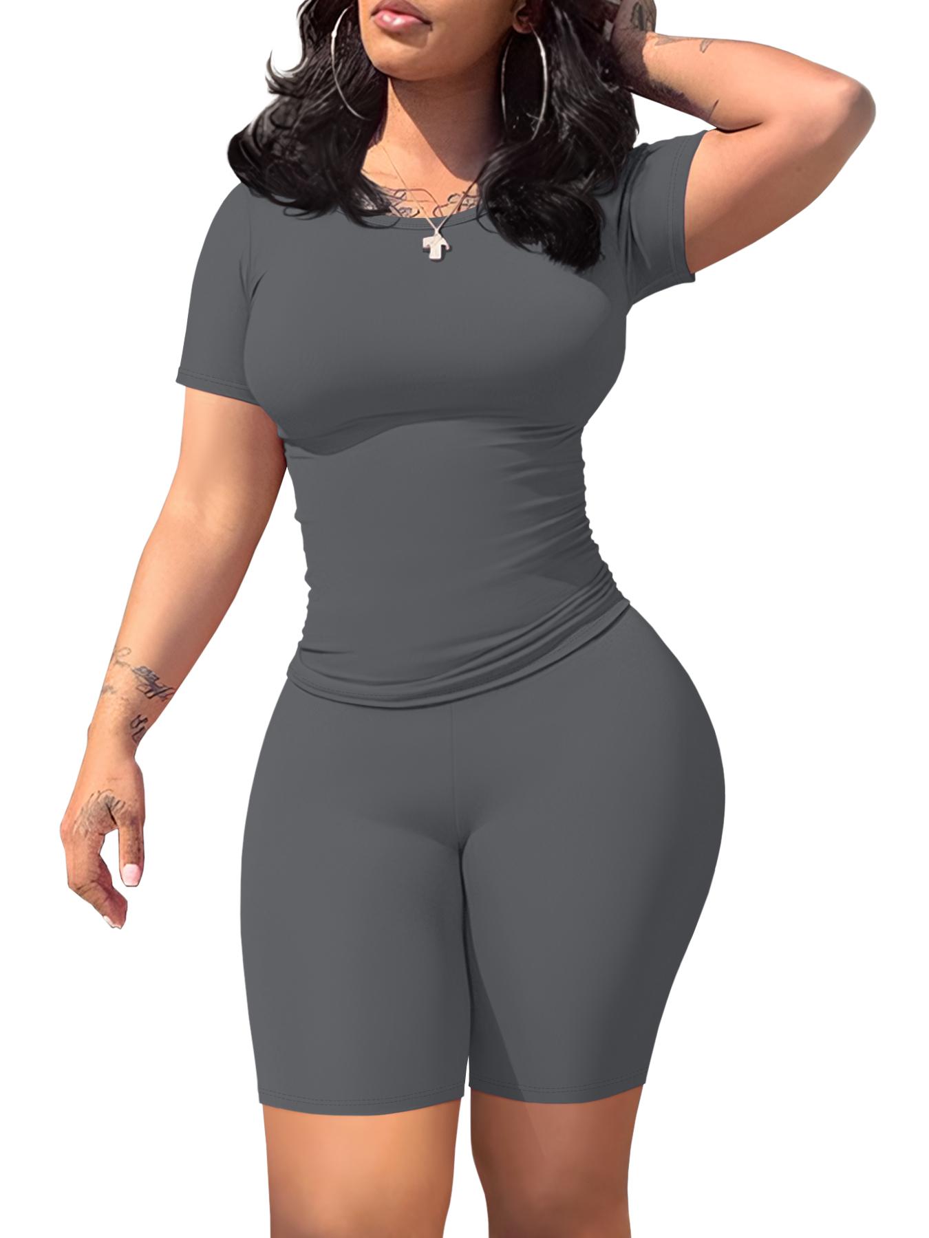 Women's Solid Ribbed Crop Top & Skinny Shorts Two-piece Set, Casual Fashion Cozy Breathable Two Piece for Daily Outdoor Wear, Ladies Clothes for Spring & Fall, Casual Gym Wear, Sportswear for Gym, Yoga Gym Activewear