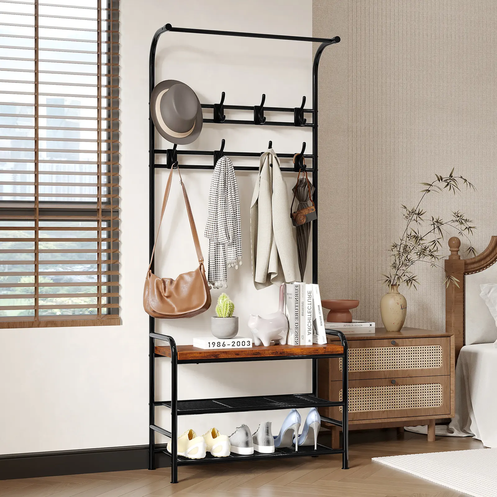 Garvee Wall-Mountable 3-in-1 Industrial Hall Tree Coat Rack with Shoe Bench - Entryway Organizer, 3-Tier Storage Shelf, 8 Removable Hooks, Sturdy Steel Frame - Ideal for Hallway, Apartment