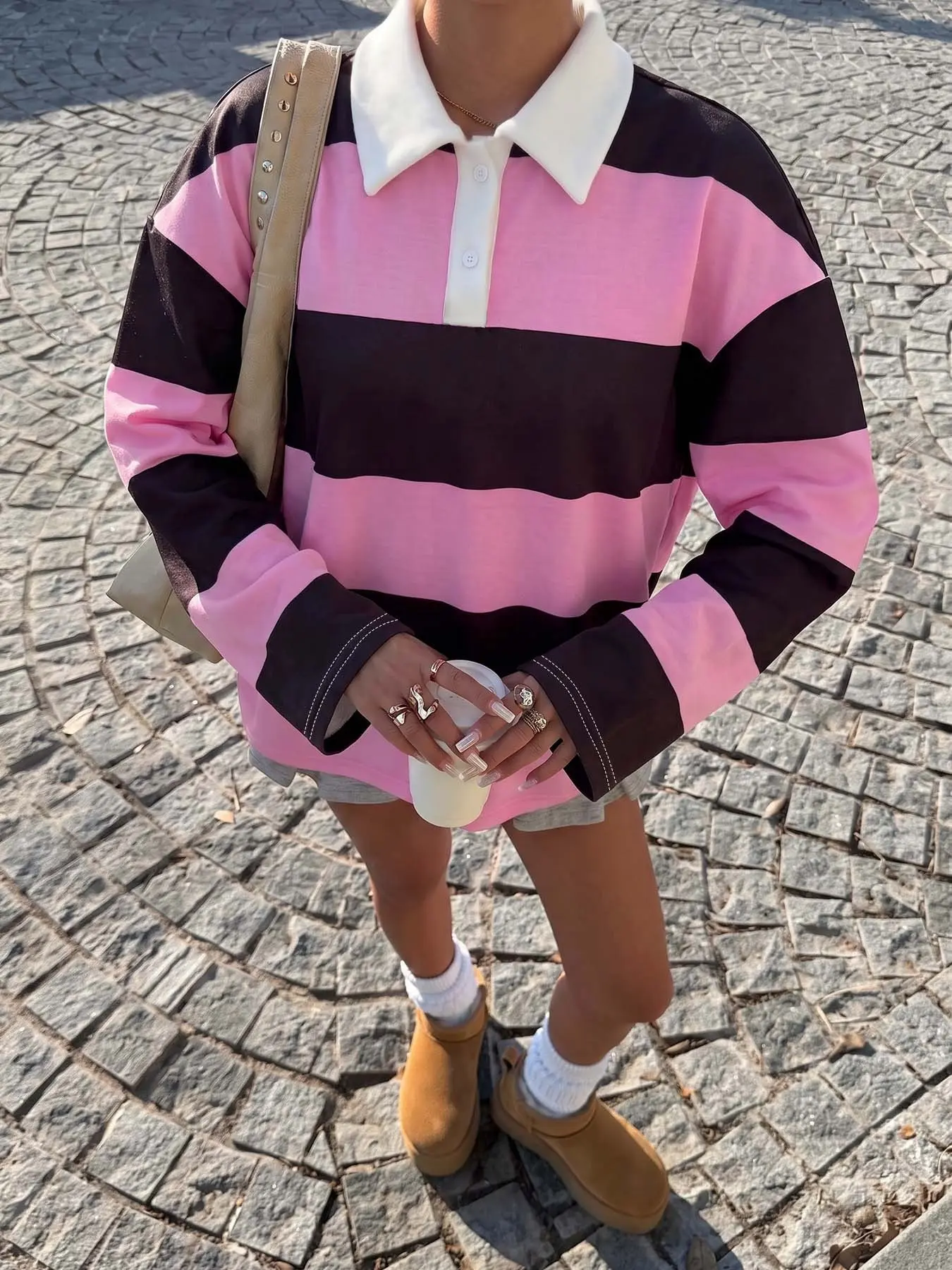 Women Striped Polo Collar Long Sleeve Top, Loose Preppy Casual Rugby Shirt, Fall & Winter Fashion, Butterfly Pattern, Unlined Sweatshirt