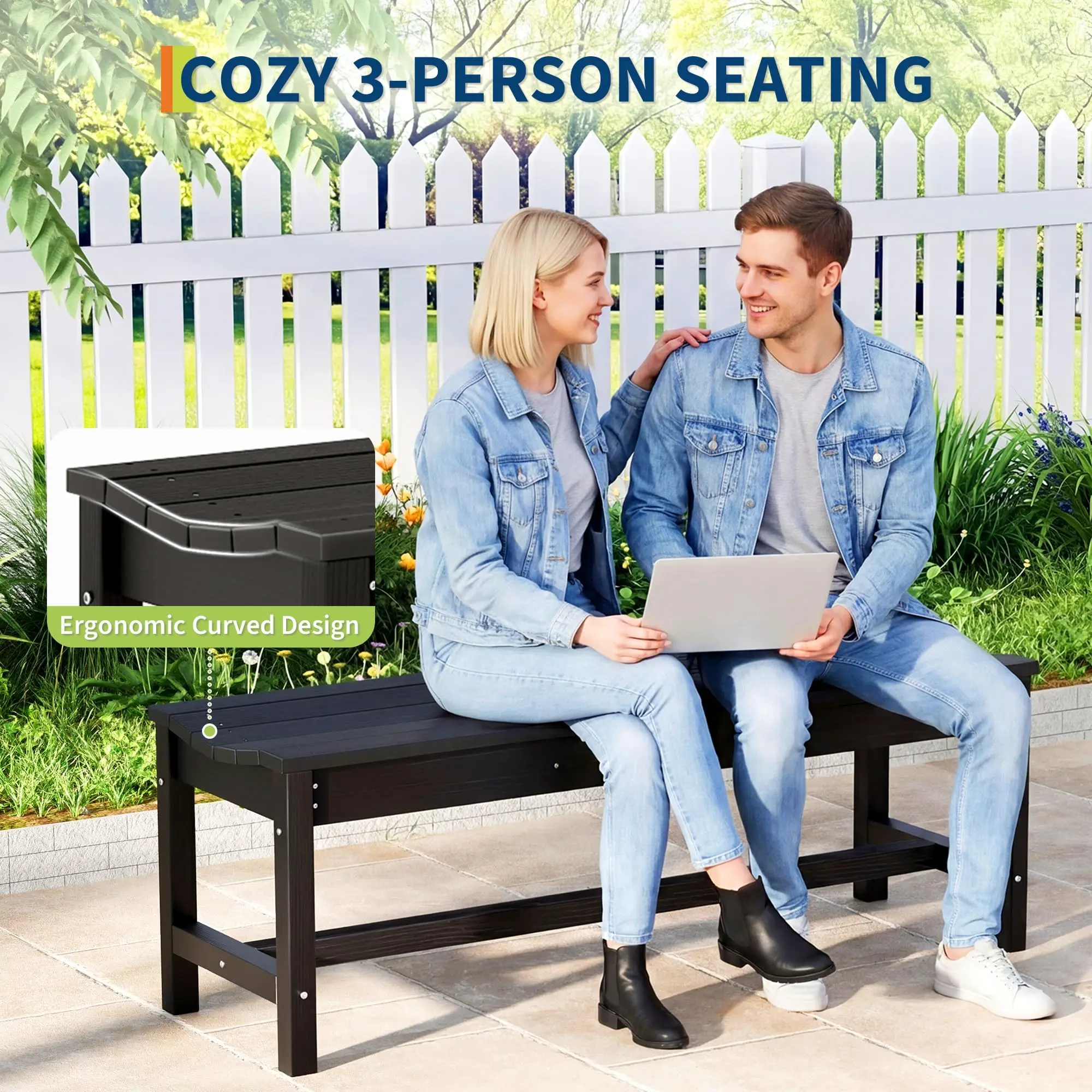 Heavy-Duty HDPE 2-Seater Outdoor Bench, Curved Backless Weatherproof Patio Seating with 800 LBS Weight Capacity, Sturdy Classic Black Bench Ideal for Porch, Park & Entryway Outdoor Garden Bench Patio Furniture