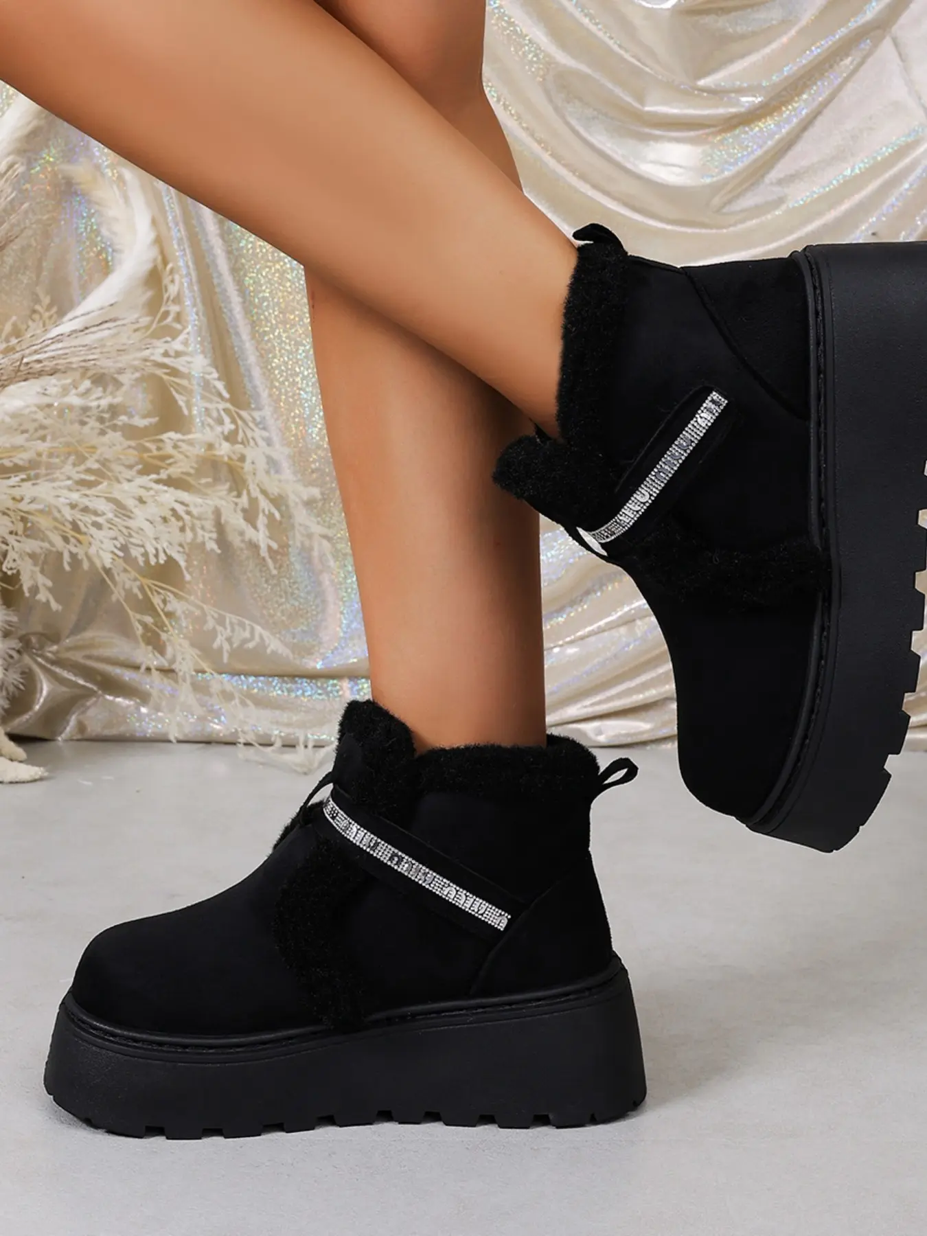 Women's Fashion Comfortable Rhinestone Velcro Thick Sole Snow Boots, Sheepskin Trim Fleece Lined Warm Short Cuff Cotton Shoes