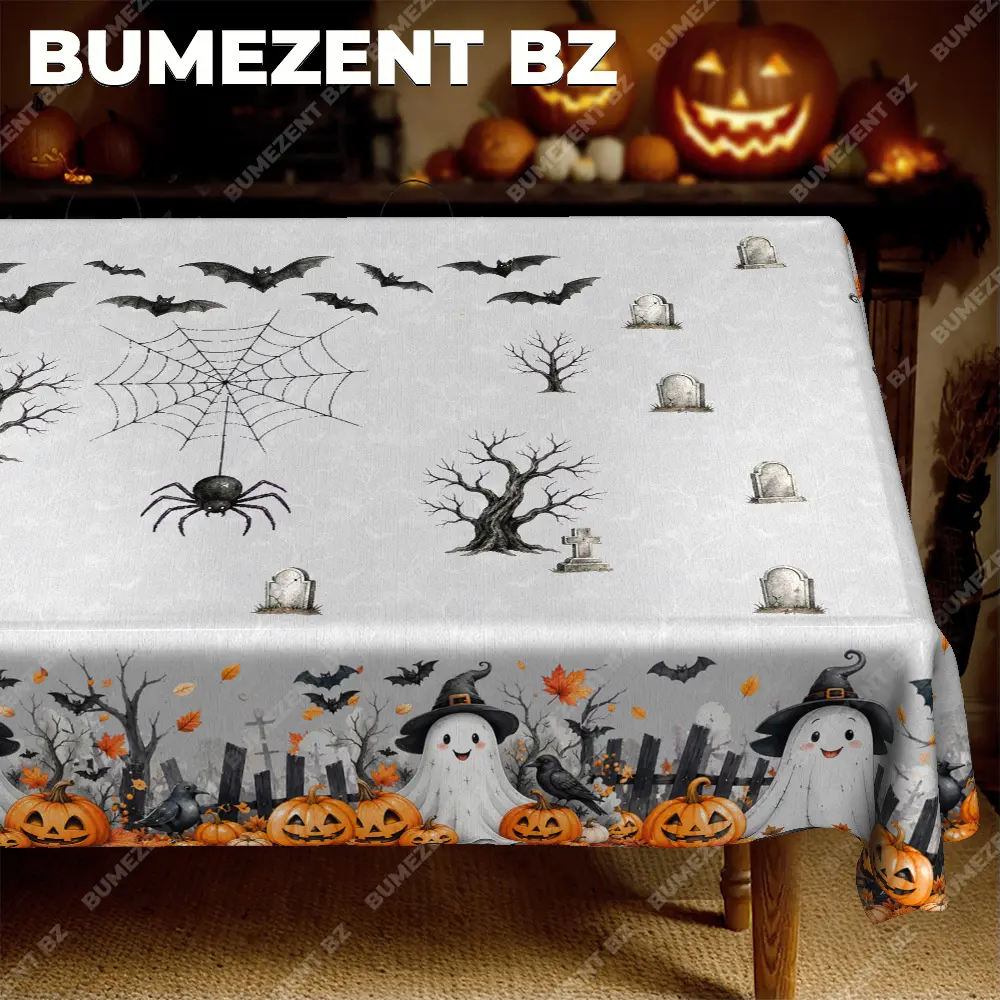 BUMEZENT BZ Halloween Pumpkin Ghost Tablecloth Tablecloth Polyester Round Tablecloth, Rectangle Tablecloth, Printed Table Cover for Dining Table, Kitchen Table, Dining Room, Farmhouse Decor, Party, Wedding, Holiday, Banquet, Buffet, Indoor Outdoor Use