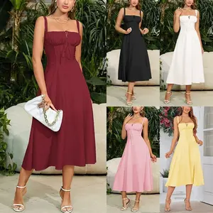 2026 Spring Summer Women's Fishbone Suspender Dress Lace Up Drawstring Bustier Split Hem Bodycon Slim Fit Stretchy Party Dating Vacation Sundress