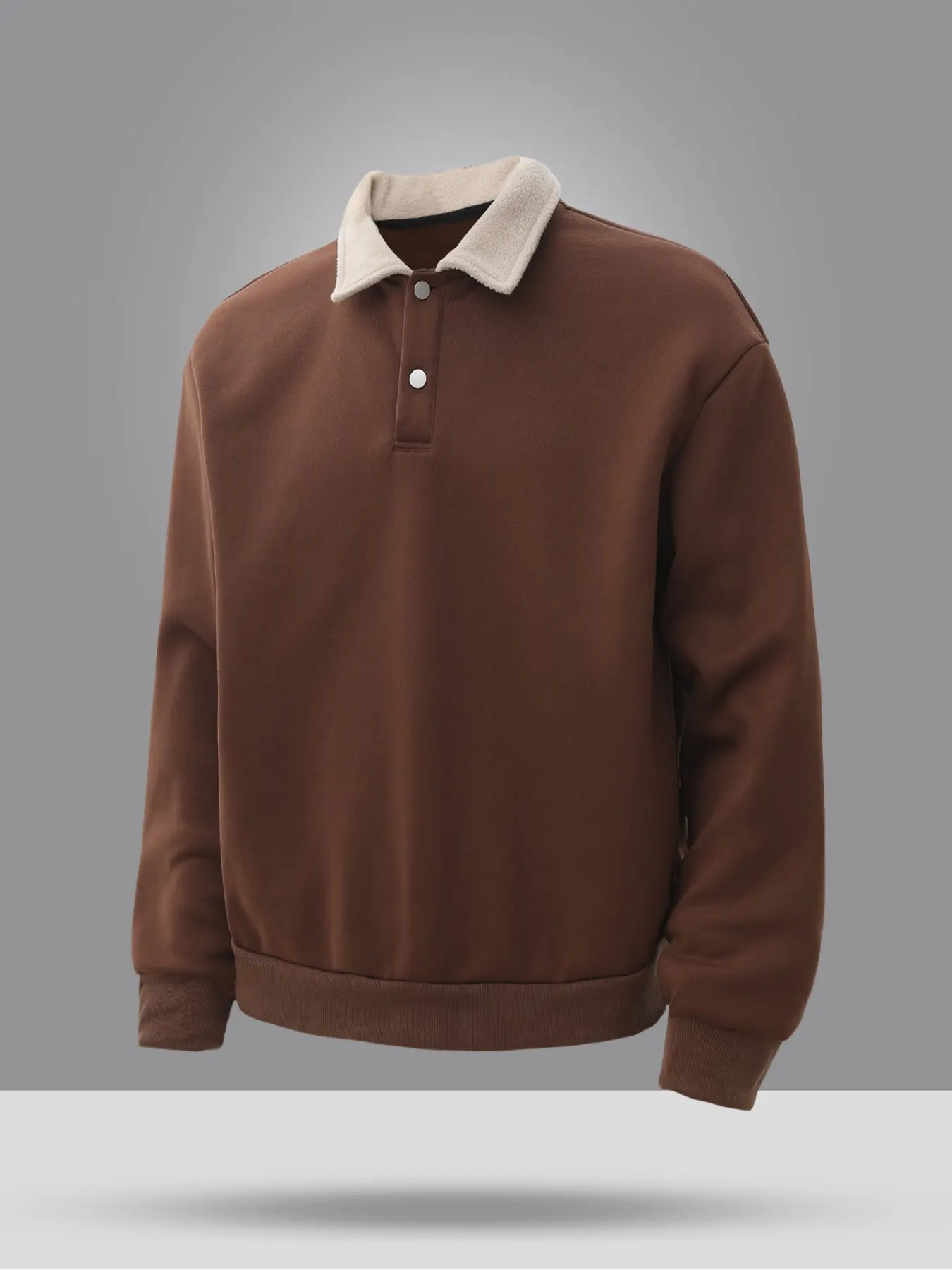 Heavyweight Dark Chocolate Fleece Sweatshirt with Warm Teddy Collar Snap Button Oversized Quarter Placket Pullover Jumper for Men