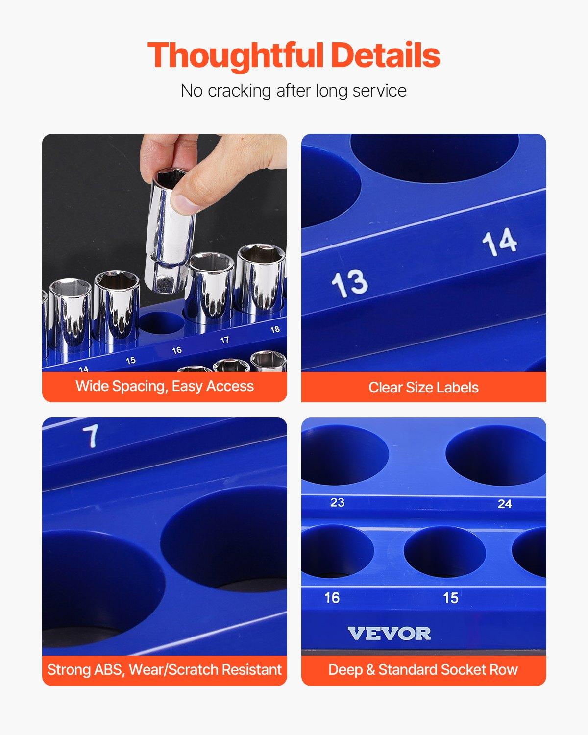 VEVOR Magnetic Socket Organizer Set, 6PCS Socket Holder, 1/4'', 3/8'' & 1/2'' Metric SAE Socket Trays with Clear Labels, Hold up to 143PCS Standard & Deep Sockets, Blue & Red (Sockets Not Included)