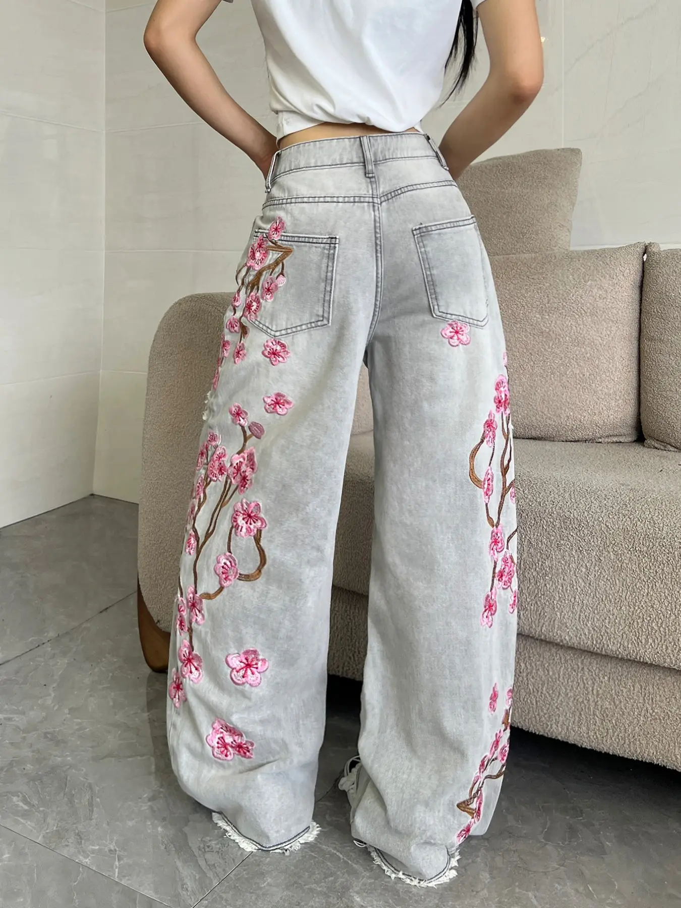 Cherry Blossom Embroidered Floral Light Jeans, Oversized, Trendy Ripped Hem Design, Soft Comfortable Fabric, Loose Fit Wide Leg Pants for Women