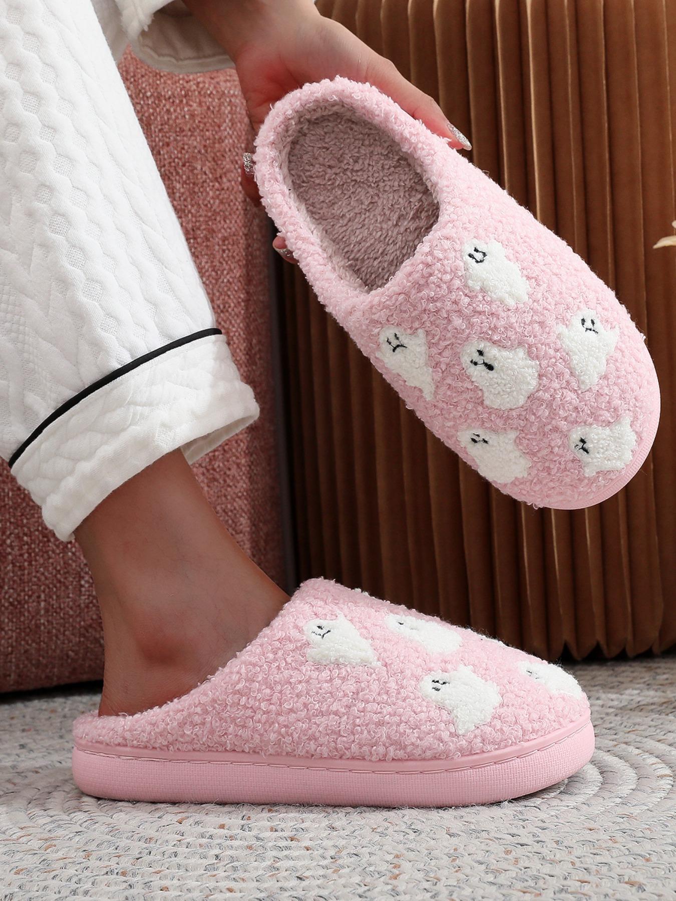 Women's Cute Cartoon Ghost Pattern Plush Slippers, Casual Soft Comfortable Fluffy Home Slippers, Warm Fuzzy House Slippers for Indoor & Outdoor Use for All Seasons