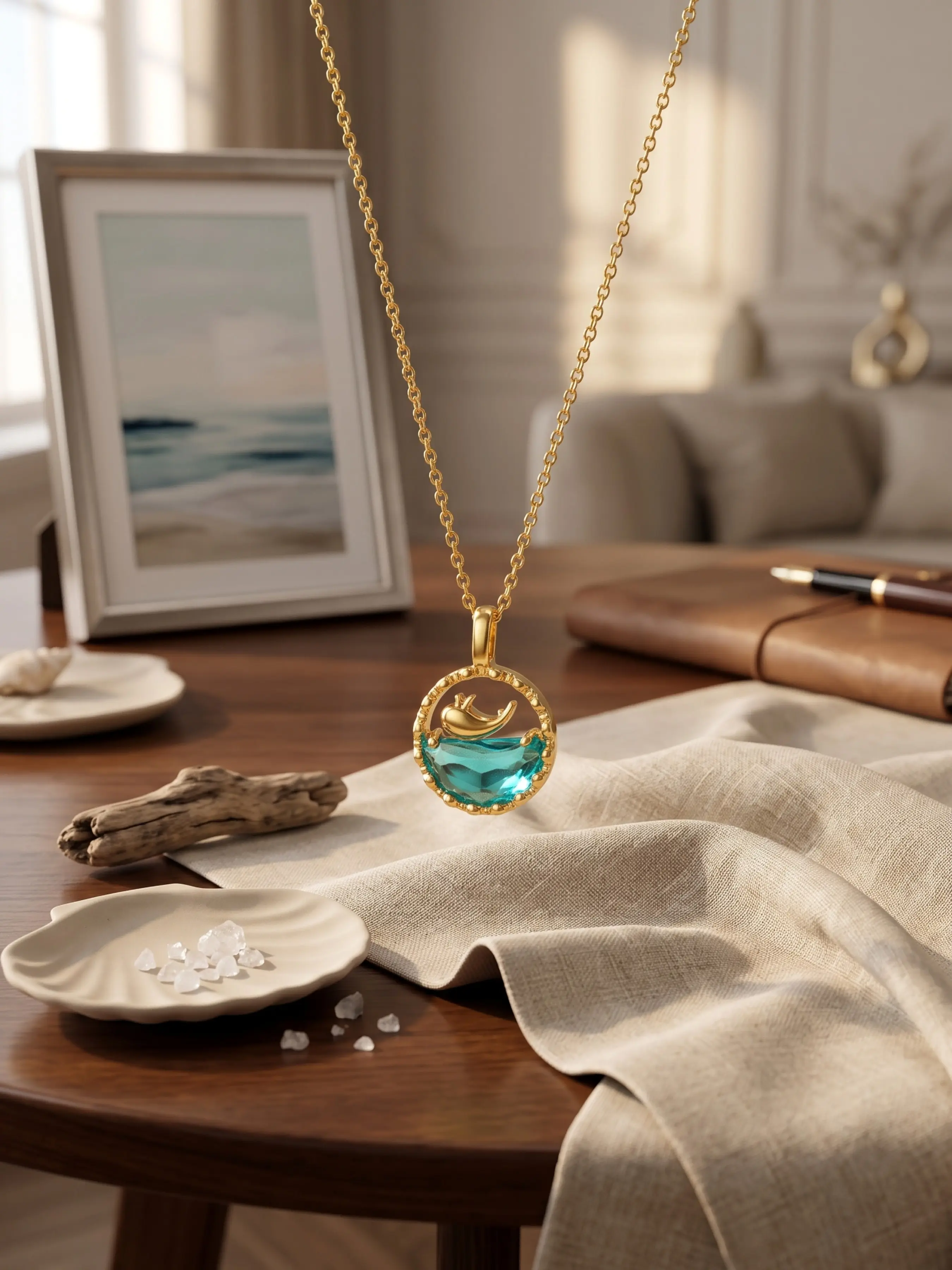 Deep Sea Dolphin Pendant Necklace, Vintage Style Topaz Cut Pendant, Versatile Choker Chain, Summer Accessory, Girl's Jewelry