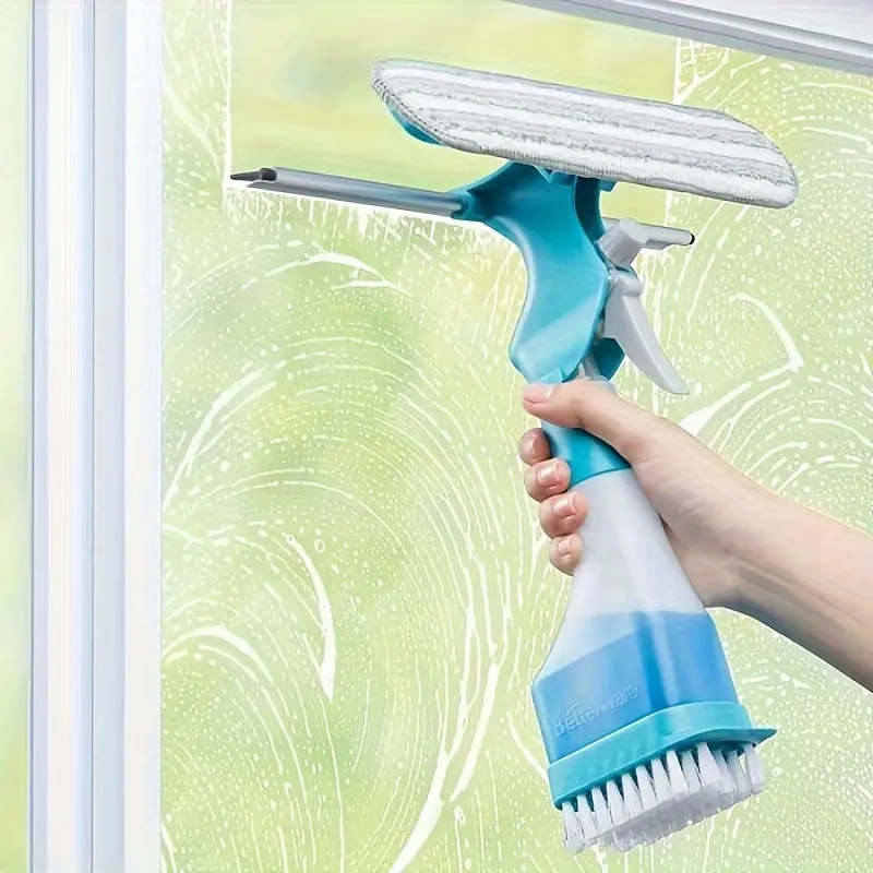 4-In-1 Glass Cleaning Brush Set, Spray & Scrub Options, Ideal for Windows Mirrors Tiles, Easy Home Cleaning Tool, Bathroom Kitchen Living Room Essential