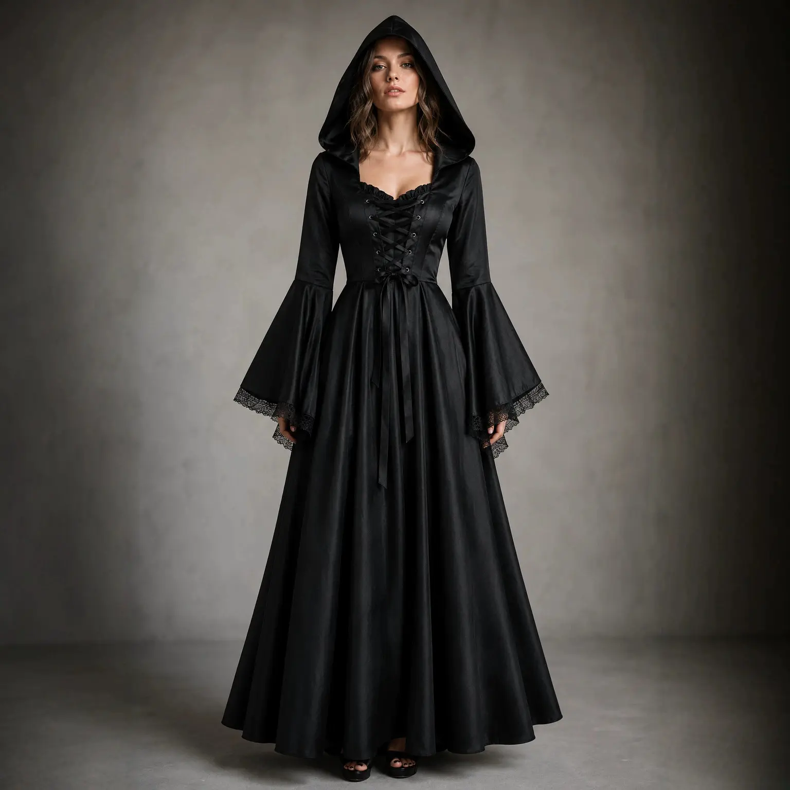 Medieval Gothic Hooded Maxi Dress Vintage Witch Court Gown For Halloween Cosplay Role Play Events