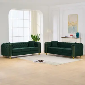 3 Seater +3 Seater Modern Loveseat Sofa,3+3 Seater Couch Comfy Velvet Sofa Button Tufted Rolled Arms and Gold Legs,Chesterfield for Primary Living Space,Green