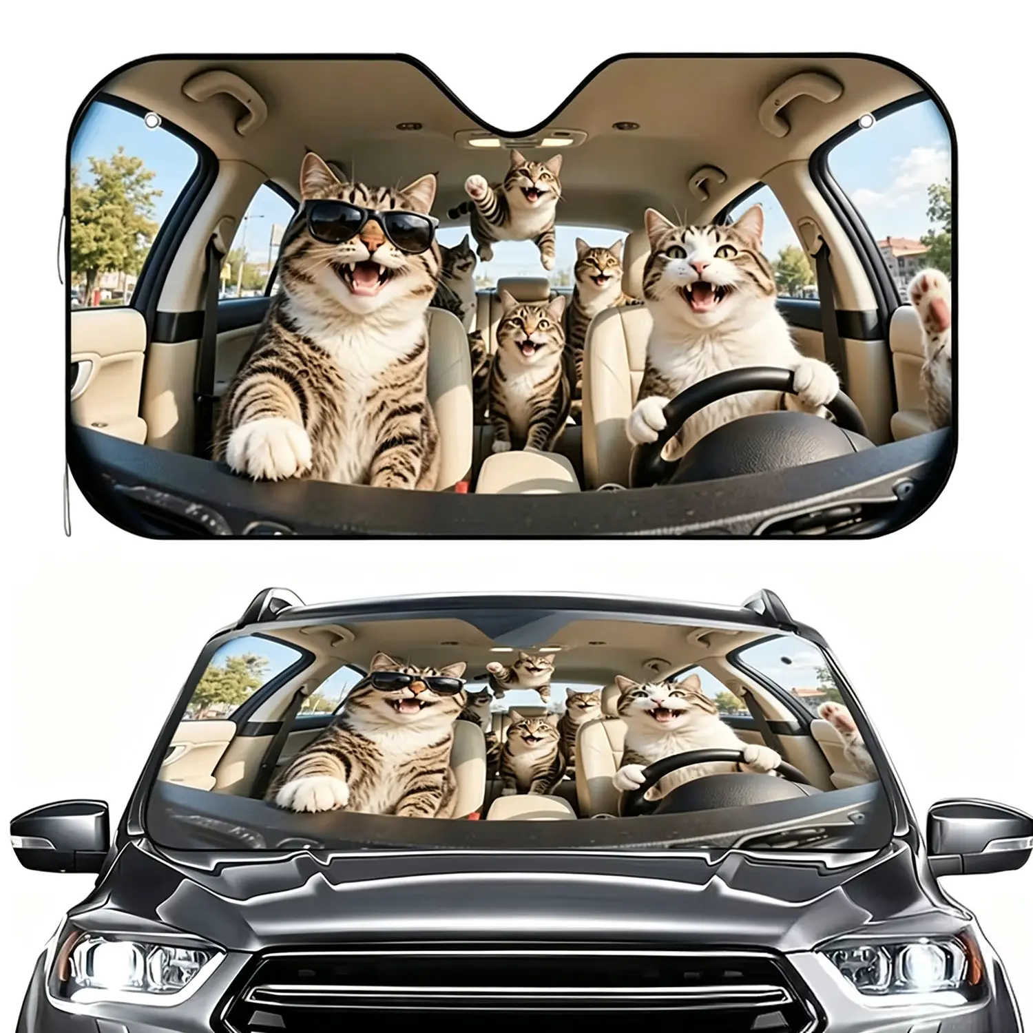 Grey Cats Car Sun Shade Windshield,Car Shield Sun Protector Blocks UV Rays Double Layer Universal Fit(130x70cm/140x76cm)