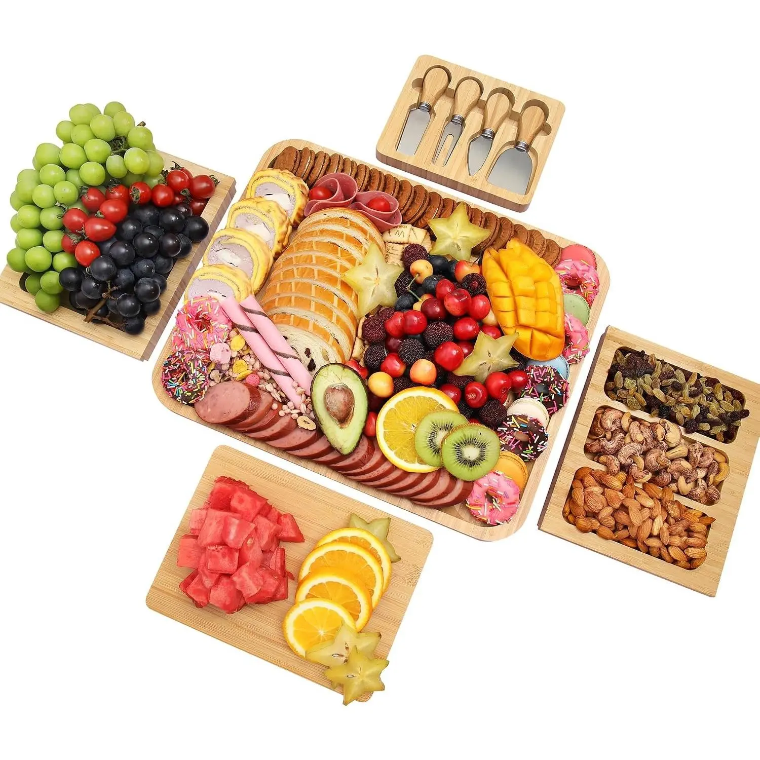 Bamboo Charcuterie Platter & Ceramic Tableware Set - Stainless Steel Cutlery, Slate Boards, Bowls - Ideal Gift for Housewarming, Wedding Couple (CB002), Gift Ready