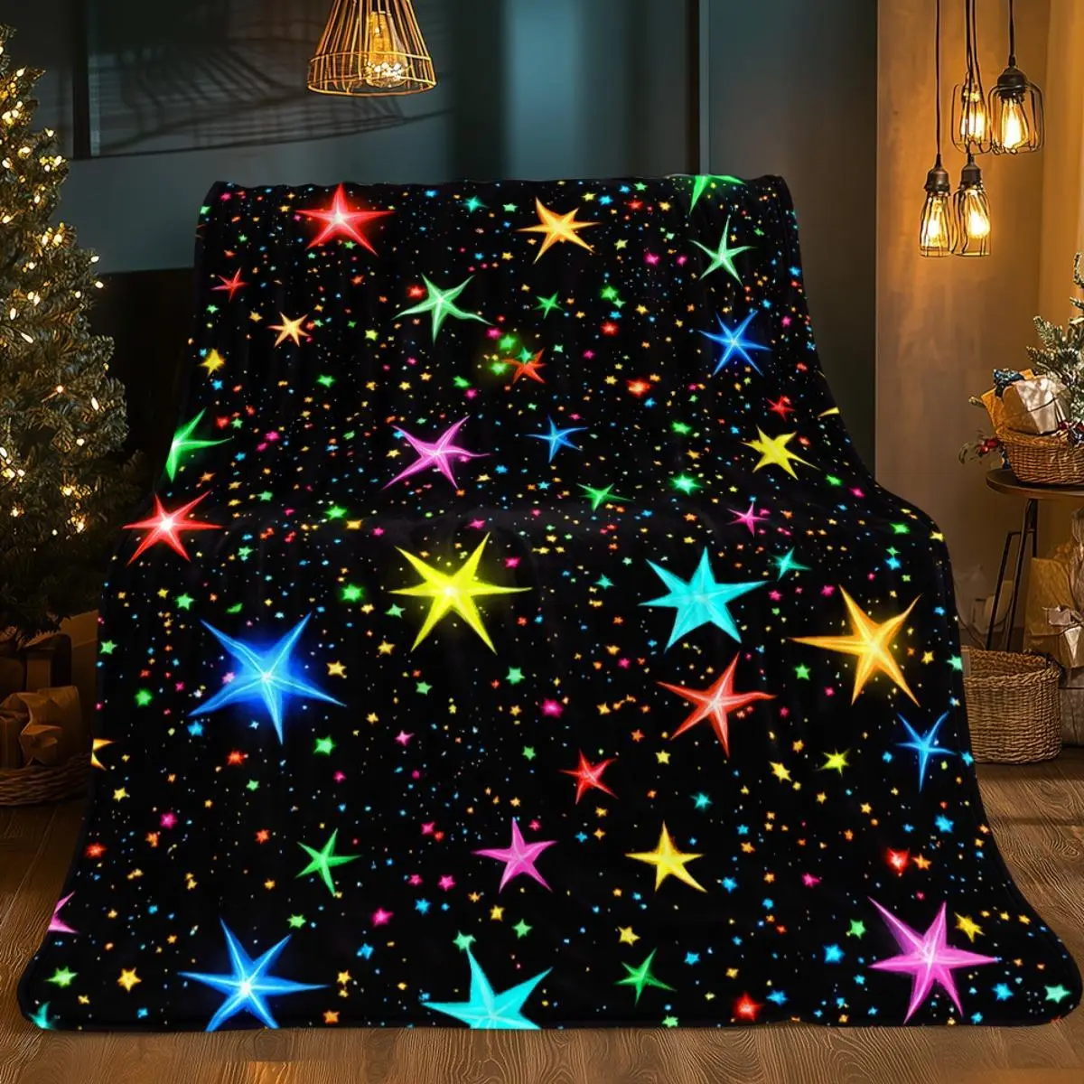 [Soft Flannel Bedspread] 1pc Neon Glow-in-the-Dark Star Blanket - Soft Flannel, Multicolor Glow Stars on Black, Lightweight All-Season Bed Cover for Adults, Camping, Travel - Glow Under UV