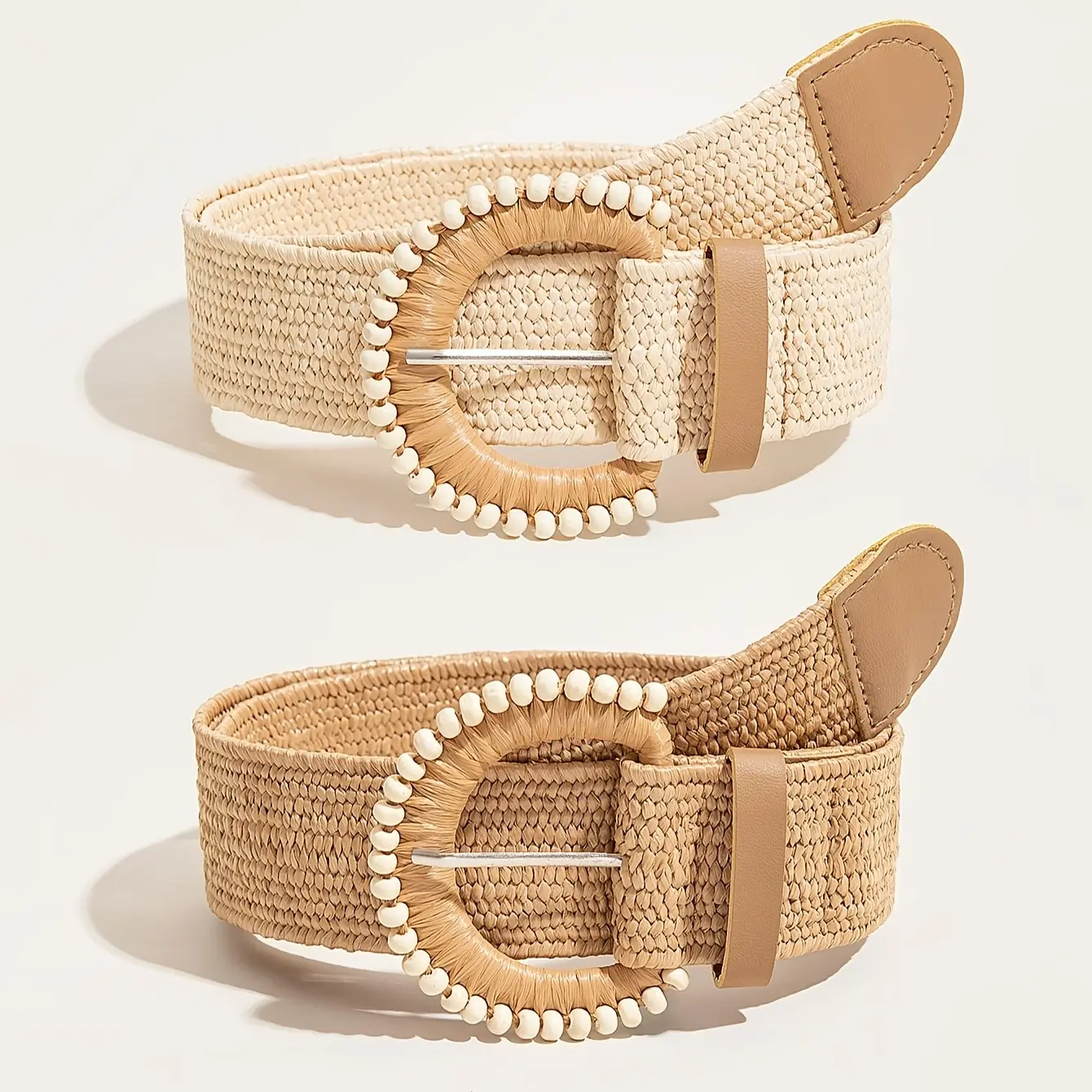 2-piece women's spring/summer bohemian set with semi-round bead clasps and PP straw woven belt for beach vacation wear