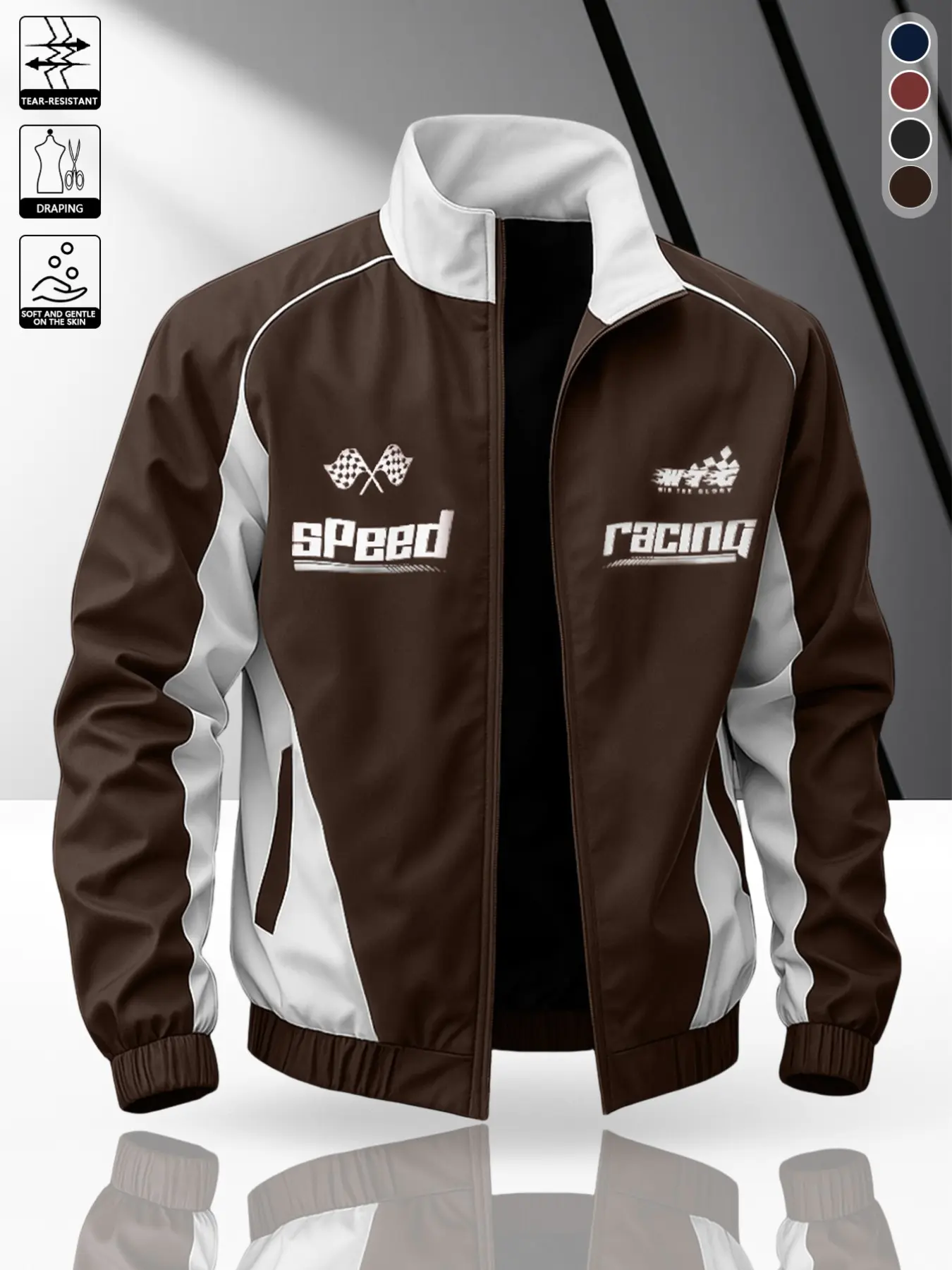 Men's American Racing Style Fall Winter Jacket, Stand Collar Full Zip, Wine Patchwork, Speed Letter Flag Print