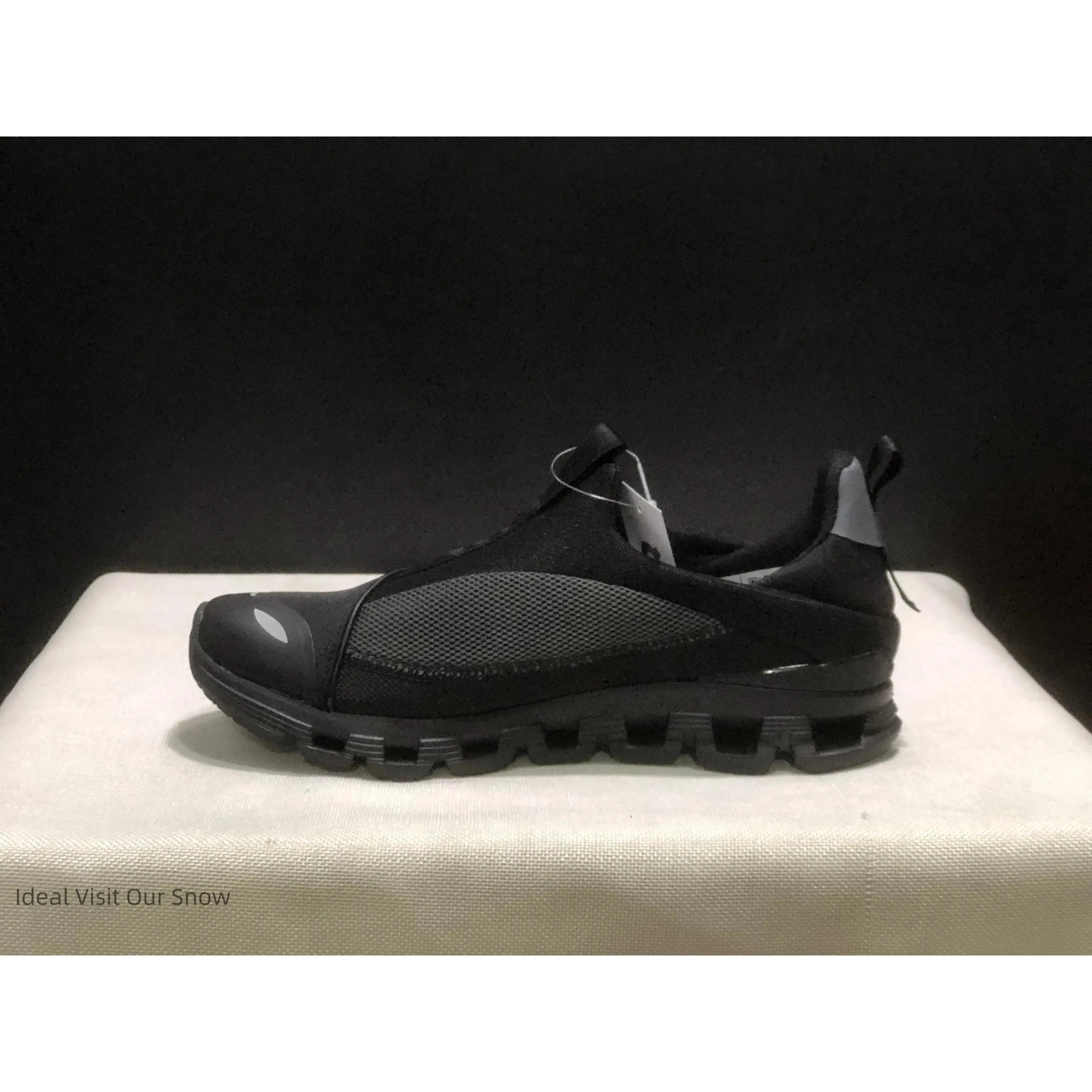 All Black Breathable Mesh Slip On Wave Cushion Sneakers, No Laces Hollow Cutout Chunky Outsole Edgy Streetwear Walking Shoes