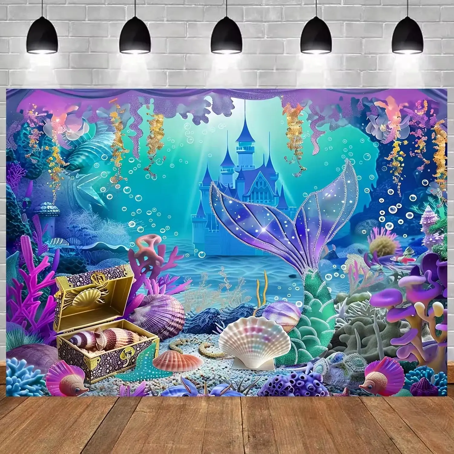 Underwater Mermaid Castle Backdrop Party Background Cloth, Ocean Fantasy Tapestry Wall Hanging Photography Background Premium Polyester Fabric, Marine Theme Celebration Decor, Birthday Event Setup, Photo Studio Prop, Party Background