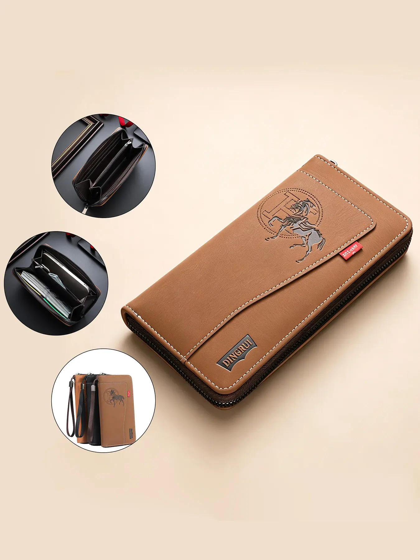 Men's Long Wallet, Crazy Horse Pattern PU Leather, Vintage Zipper Design, Multi-Card Slot, Business Handheld Purse, All Seasons