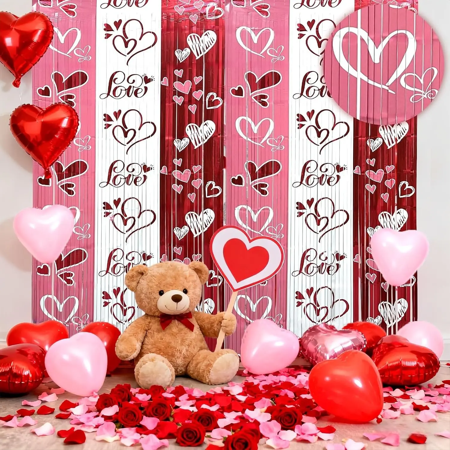 Valentines Party Decorations (2 Packs), 3.3x6.6ft Love Foil Fringe Curtains Backdrop Red  White Tinsel Streamer Galentine’s Day Photo Booth Props for Wedding Anniversary Party Supplies