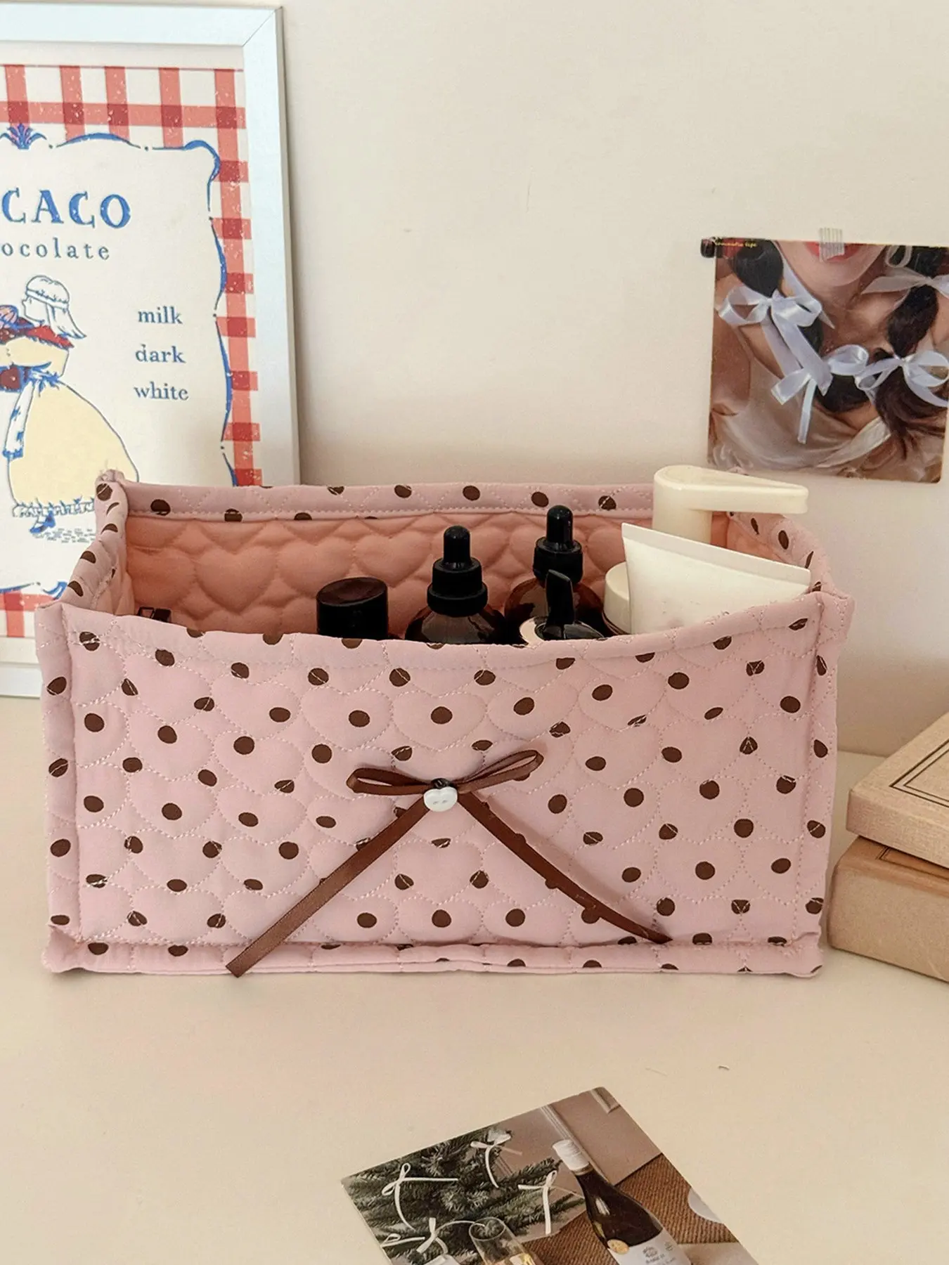 Pink Polka Dot Heart Quilted Storage Basket with Brown Bow, Foldable Vanity Desktop Organizer Bin, Cute Decor Gift for Her