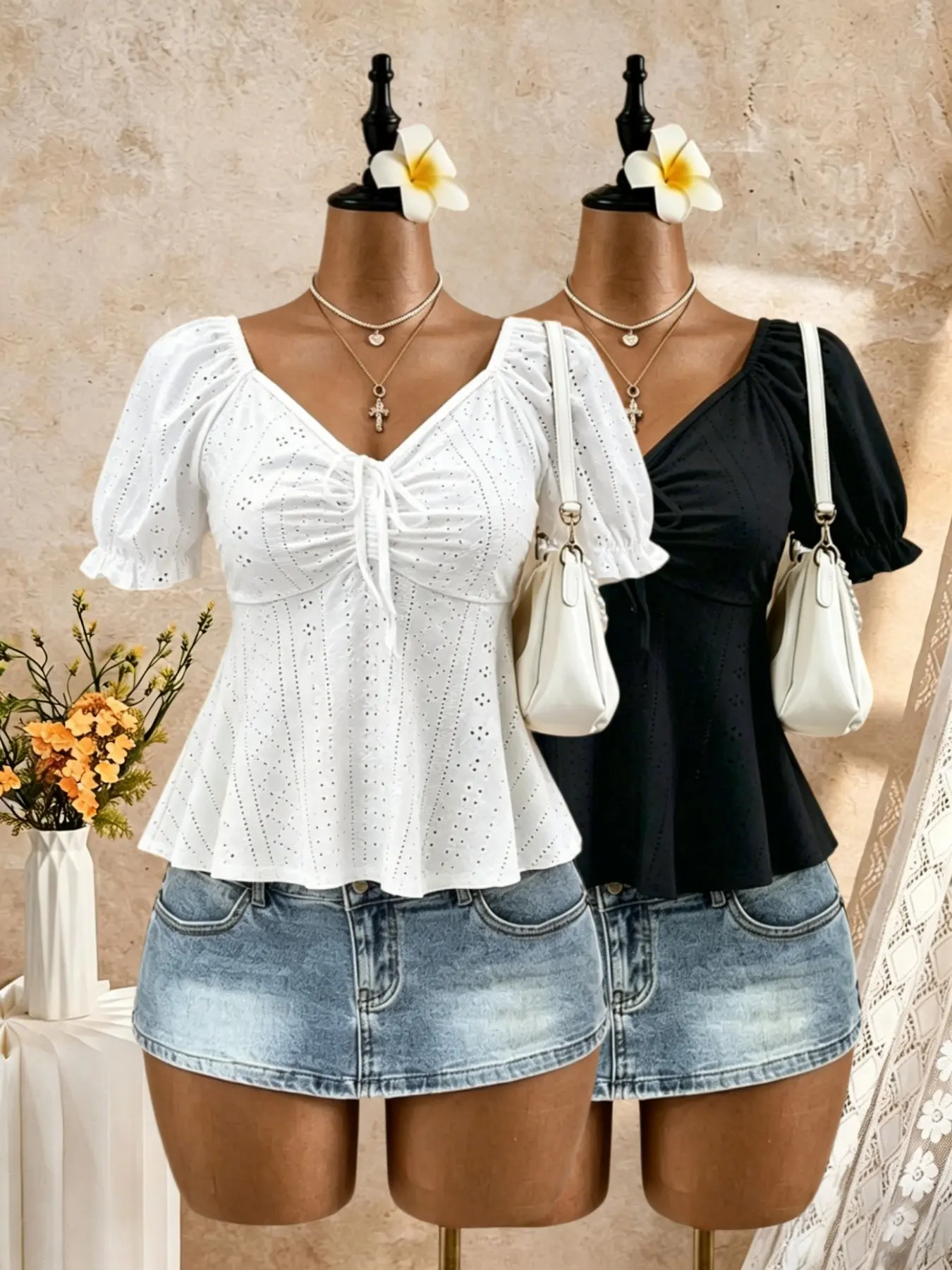 Women's Hollow Out Embroidered Top Set, Puff Short Sleeve V-Neck, Adjustable Drawstring Pleated Front, Flared Hem, Slim Fit Casual Chic T-Shirt