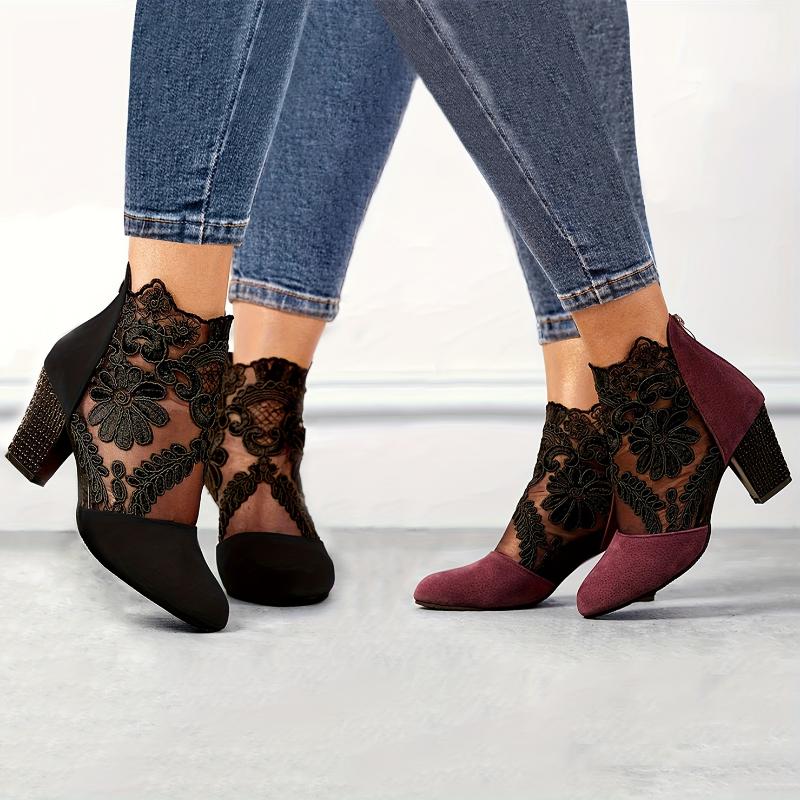 Elegant Black Lace Ankle Boots with Floral Patterns - Comfortable Chunky Heel, Back Zip Closure, Round Toe Design, Breathable Fabric Upper & TPR Sole for Stylish Women Girl Footwear Walking Shoes Decor