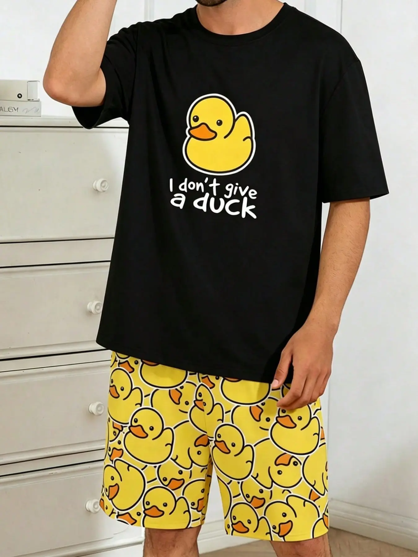 Summer Men's Pajamas Set, Casual Comfort Duck Print Short Sleeve and Shorts Two-Piece, Men's Sleepwear and Home Wear