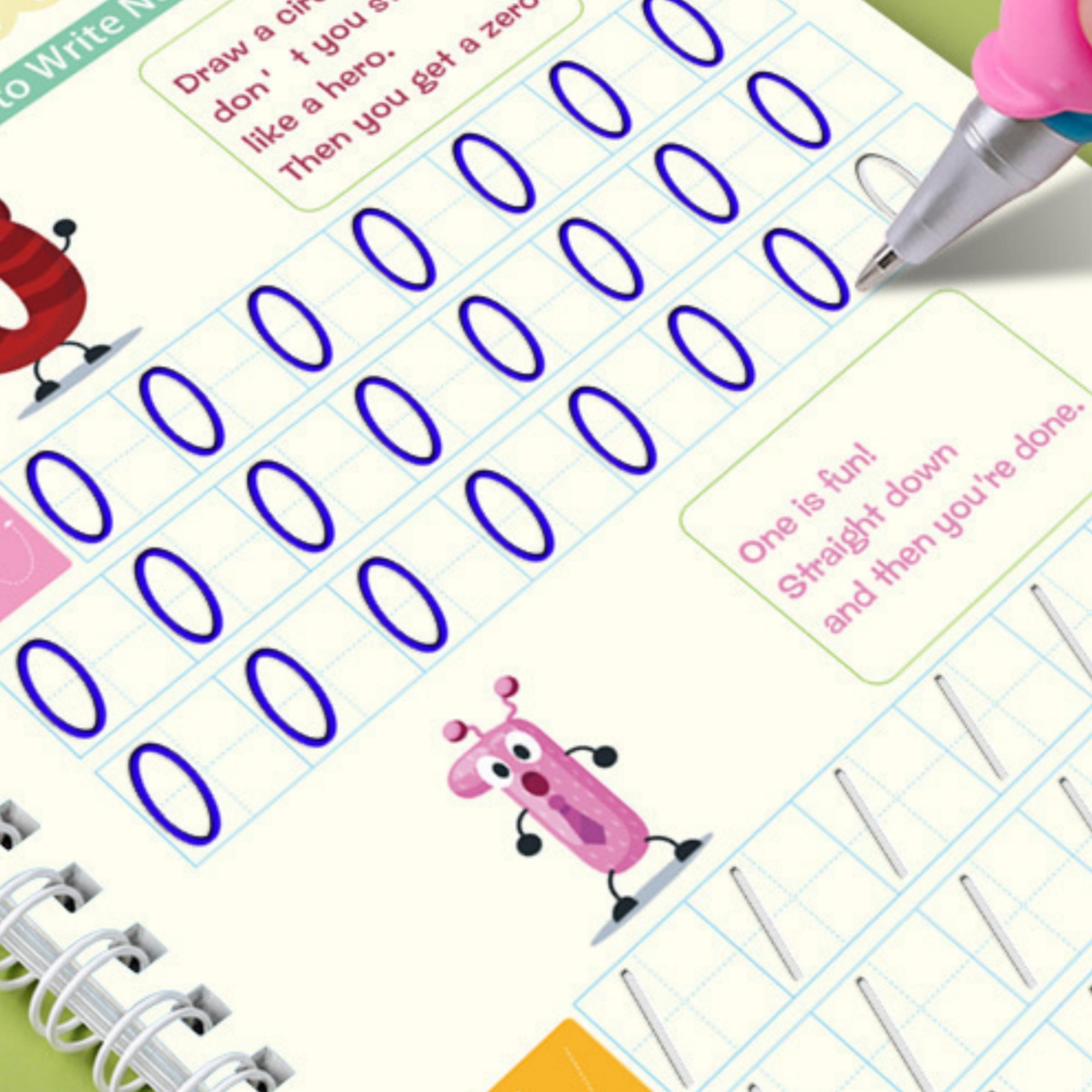 Magic Practice Scribe Book Set, 4 Counts/set Reusable Number & Letter & Math & Drawing Practice Scribe Book with 1 Count Pen, 10 Counts Refills & 1 Count Pencil Grip, Tracing Preschool Books
