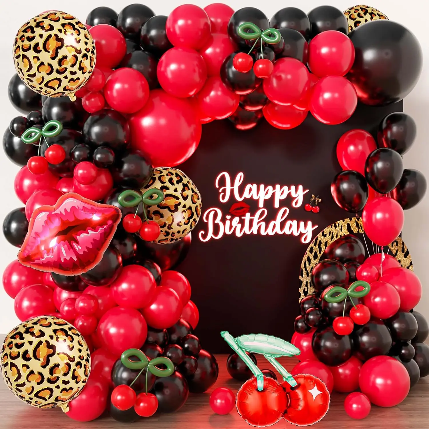 110pcs Red and Black Balloon Garland Arch Kit with 3 Cheetah Leopard Foil Balloons, Giant Kiss Lips, Cherry Foil, DIY Green Stems for Y2K Baddie Birthday, Bachelorette Party Decorations
