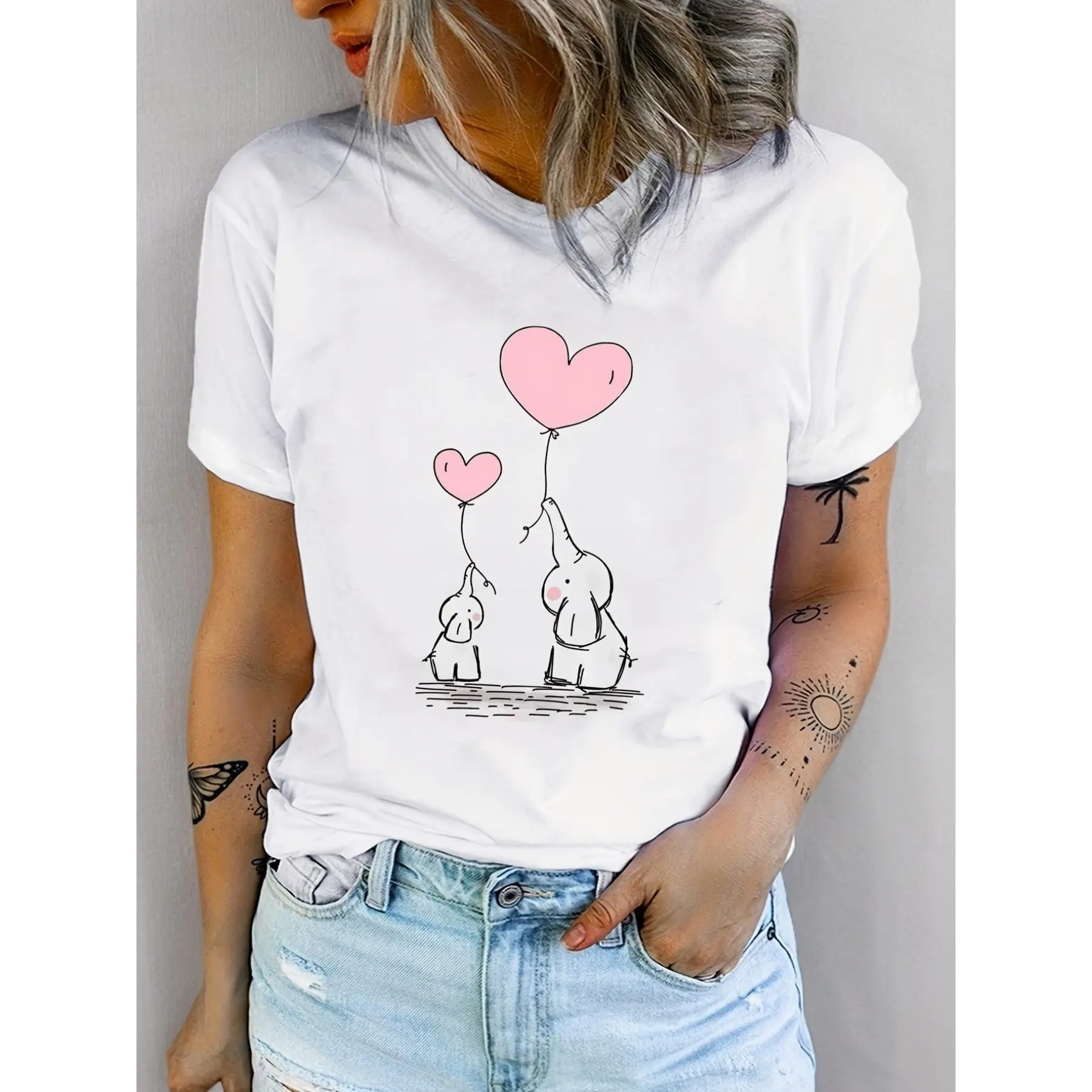 Women's casual crew neck short-sleeve T-shirt with love and elephant print.