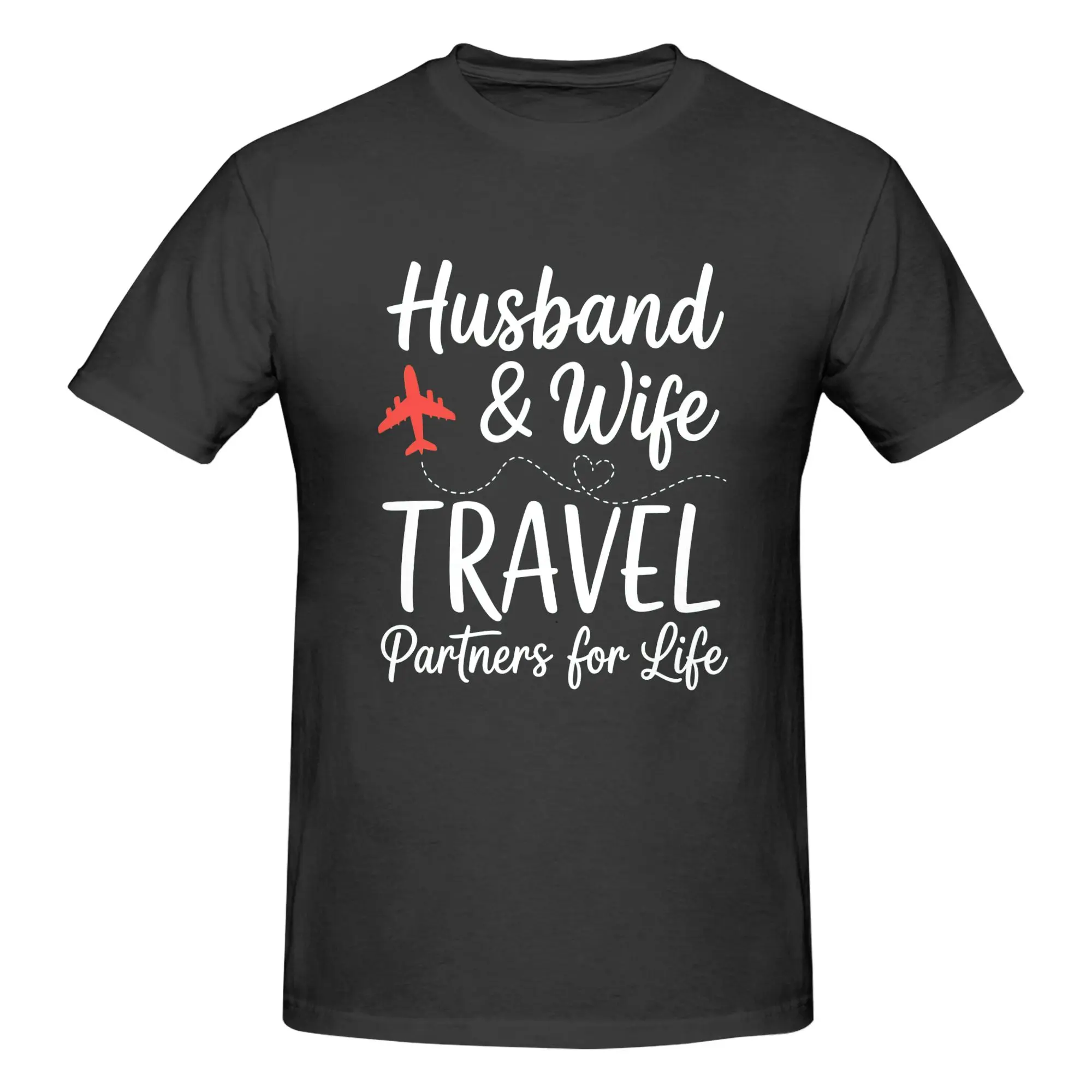 Unisex Cotton Couple Tshirt - Husband and Wife Travel Partners for Life Top, Short-Sleeve Heart Design for Plane Travel, Shortsleeve, Casual, Tops, Matching
