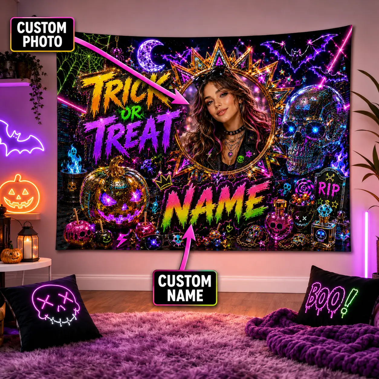 Personalized Neon Glam Halloween Backdrop Banners - Wall Decor with Custom Photo, Name, Colorful Pumpkin, Neon Skull, Bats, Candy for Party Use