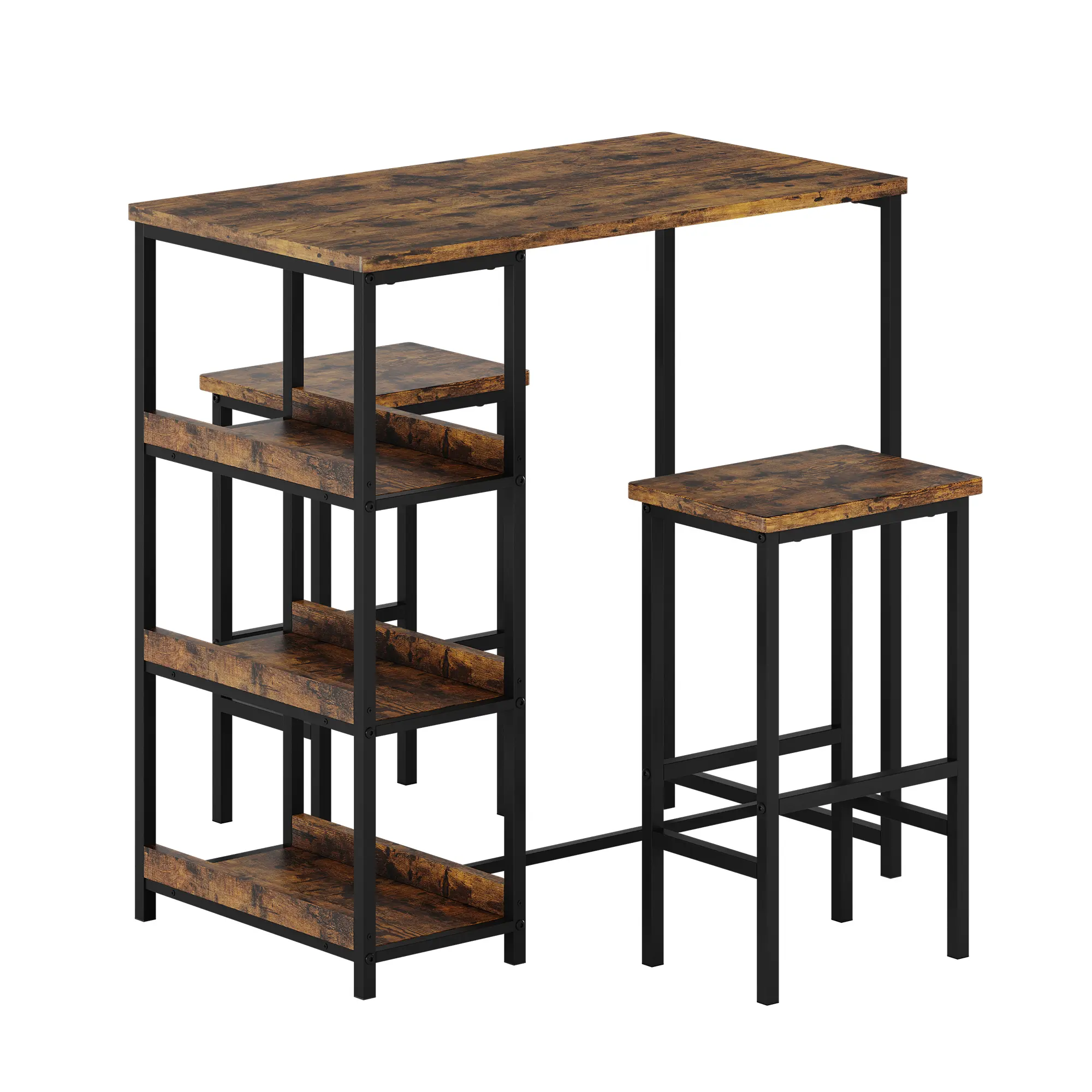 3-Piece Industrial Iron & Wood Counter Height Dining Table Set with Storage Shelves, 2 Bar Stools, Compact Indoor Furniture for Small Spaces, Apartments