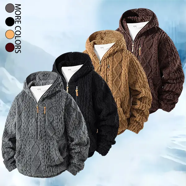 Upgrade your casual daily wear with this textured fleece hooded pullover, featuring half-zip closure, handy kangaroo pocket and soft plush fabric, delivering excellent warmth and trendy relaxed street styling for chilly days.