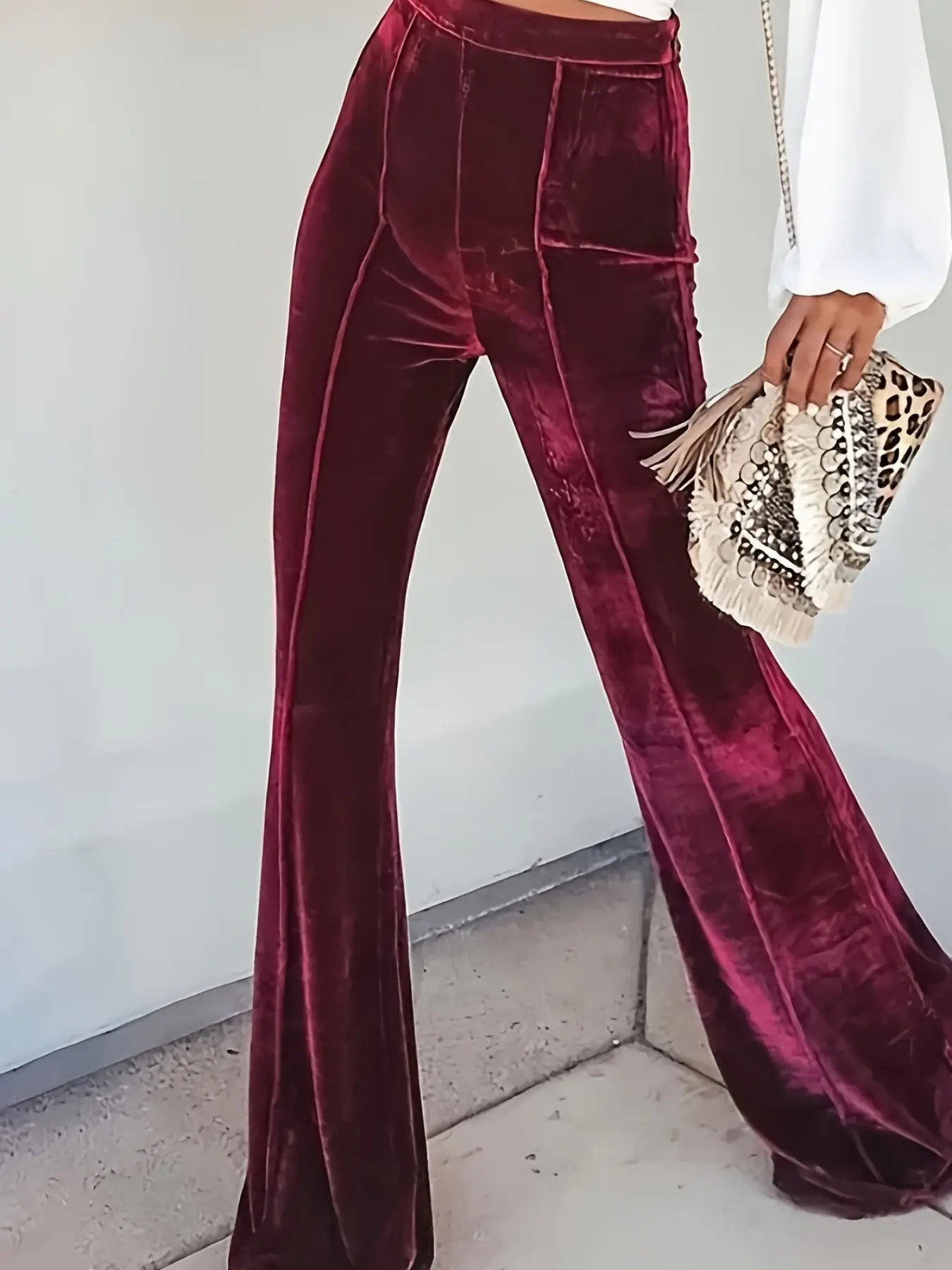 Women's Casual Velvet High-Waisted Flare Pants Bottoms, Easy Care, Versatile Office to Weekend Wear, Smooth Fabric, No Belt Included