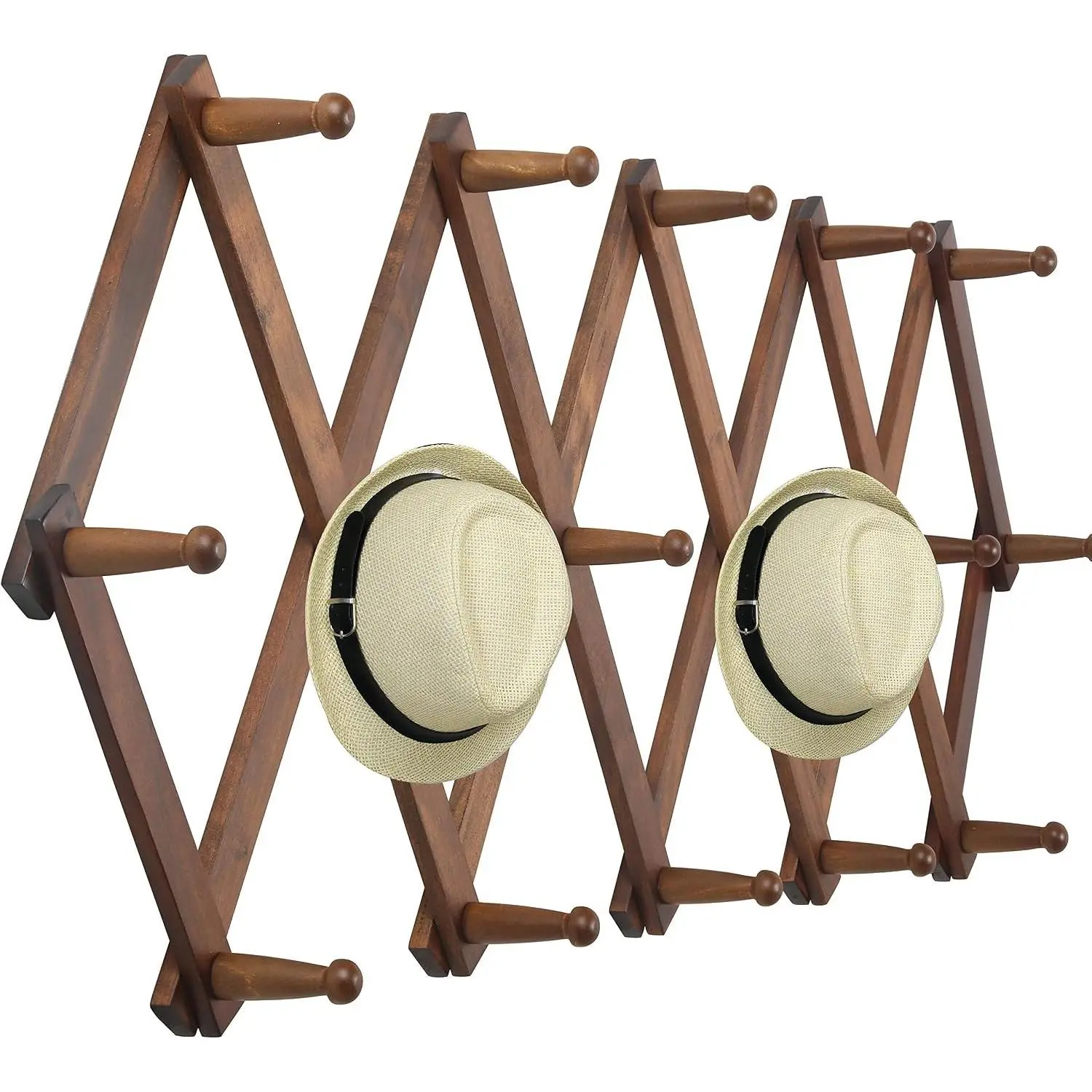 Accordion Wooden Wall Mounted Coat Rack with 16 Peg Hooks, Hat & Cap Hanger, Walnut ColorGift