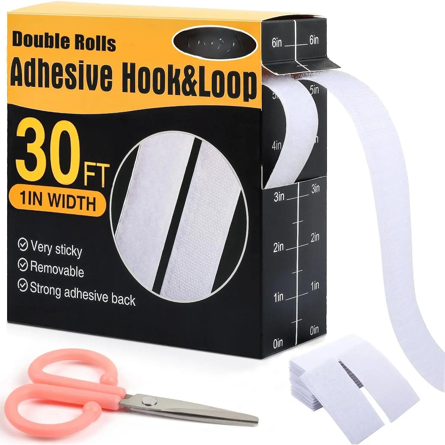 30Ft x 1 Inch Hook and Loop Strips with Adhesive, Heavy Duty Self Adhesive Hook and Loop Tape with Measuring Scale Backing for , Office, School & DIY Projects, White
