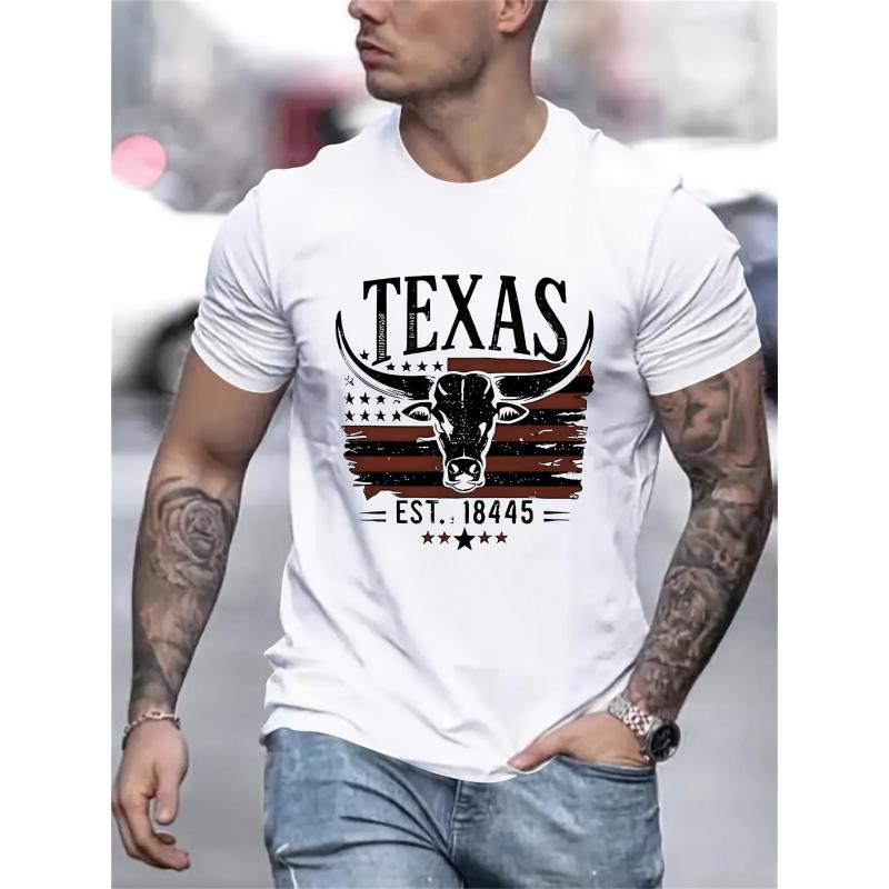 Texas Pride Bull Head T-Shirt Soft Comfortable Fabric Round Neck Short Sleeves Machine Washable Casual Summer Top for Men Streetwear Crewneck Shortsleeve Menswear Tshirt Top Man Biker Black Tropical