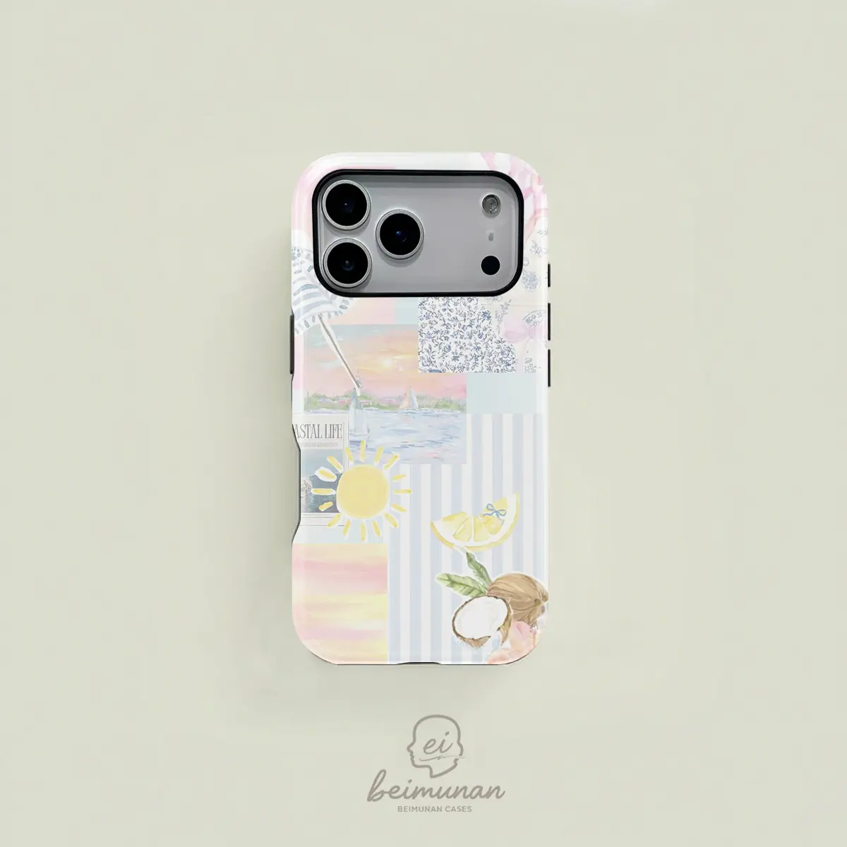 This refreshing summer phone case features a light blue watercolor-style design with lemon, coconut, and seashell patchwork patterns. It's a durable 2-in-1 protective case, MagSafe compatible, and suitable for iPhone 17/16/15/14/13/12/11 Pro Max/Plus/Pro.