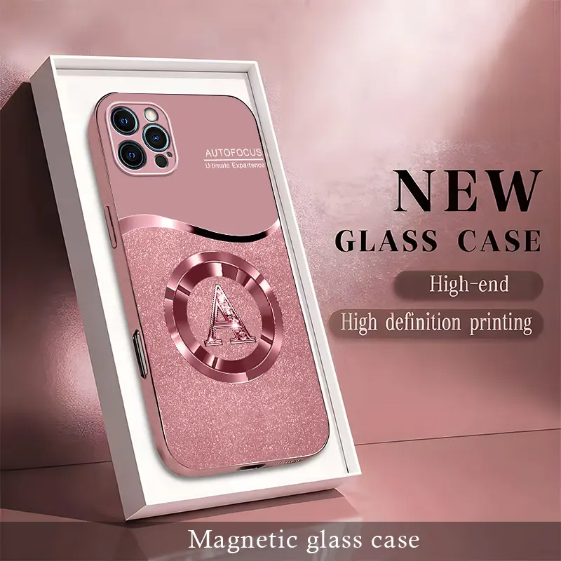 Personalized Initial Letter Rhinestone Magnetic Case for iPhone 12 Pro Max, Luxury Glitter Glass Cover with Lanyard Wrist Strap  ----975