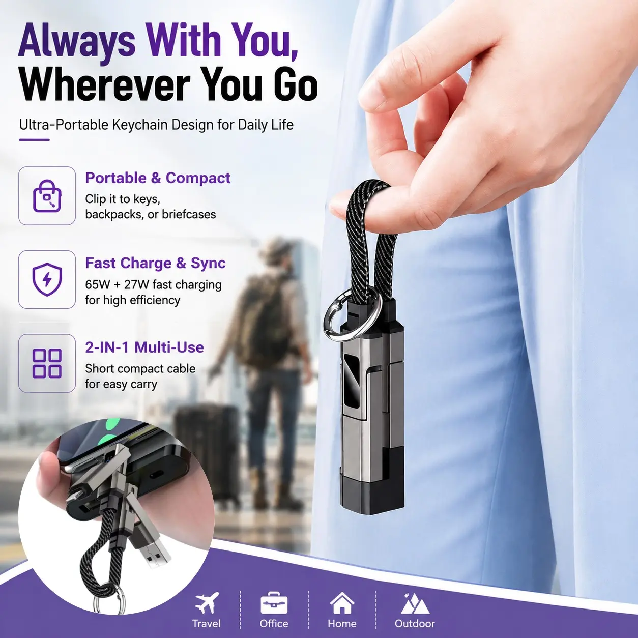 4-In-1 Keychain Lanyard Data Cable, Multi-Function Charging Cable, Portable Device Accessory, Durable, Convenient & Compact Design