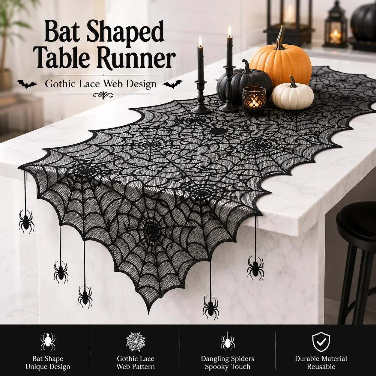 Spooky Halloween Mesh Lace Rectangle Tablecloth Set - Gothic Indoor Recreation Decor, Includes Runners (17.72×72.05in Bat-Shape) + 6 Hanging Spider Ornaments, Party Decor for Haunted House Tabletop Supplies
