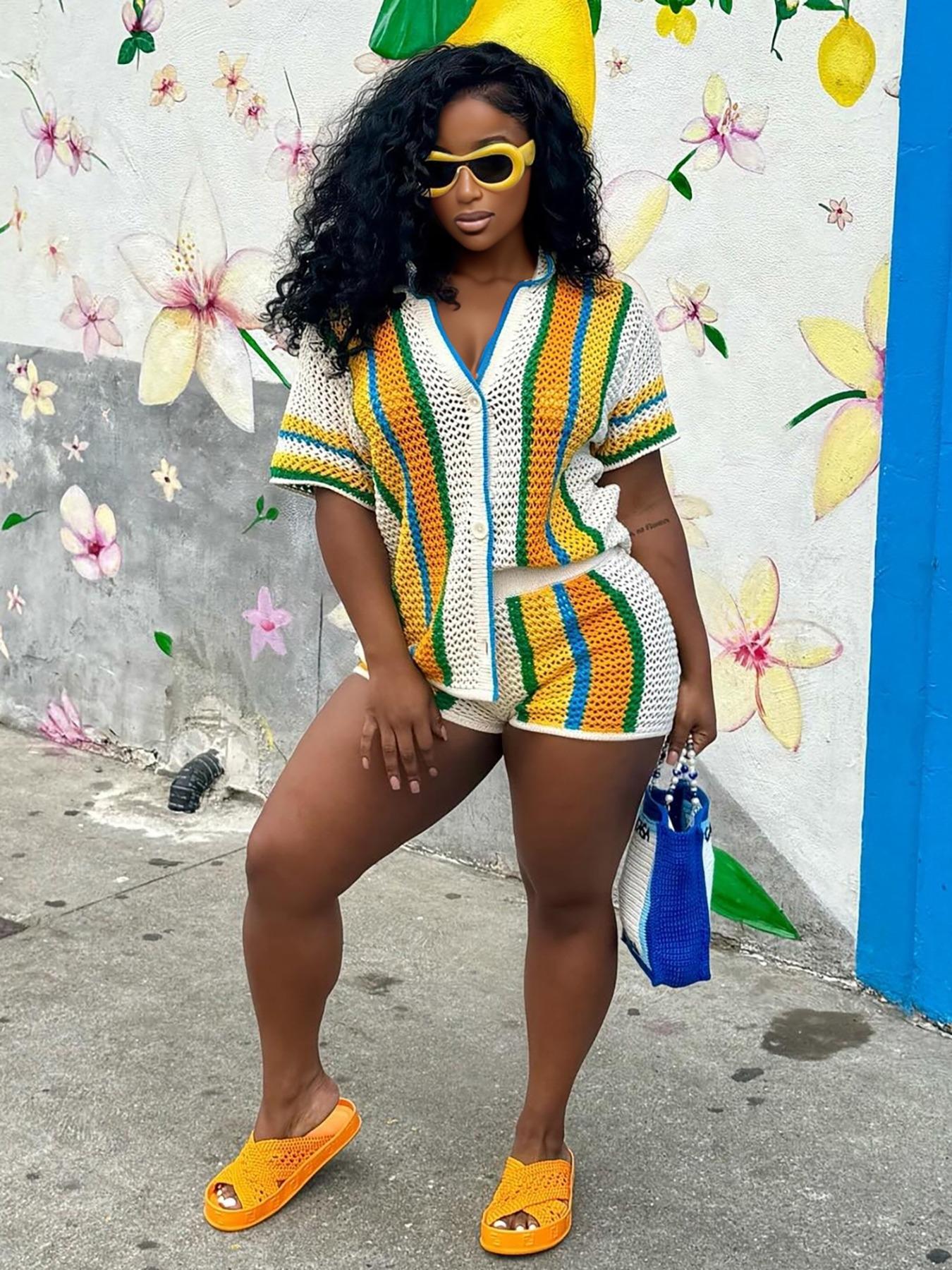 Women's Colorblock Button Front Top & Shorts Sweater Set, Casual Short Sleeve Top & Shorts, Summer Clothes Set for Beach Vacation, Womenswear