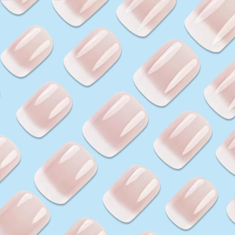 Short Square Press on Nails French Fake Nails Ombre Acrylic Nails Press on Full Cover Glossy Glue on Nails Artificial Stick on Nail for Women Manicure Decoration 24PCS