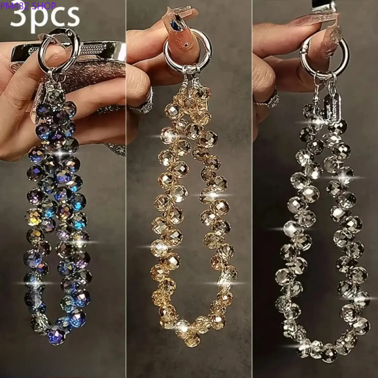 3-Pack Rhinestone Beaded Phone Lanyard Set, Detachable Metal Chain Wrist Strap and Neck Lanyard for Cell Phones, Keys and Bags, Cute Phone Accessory