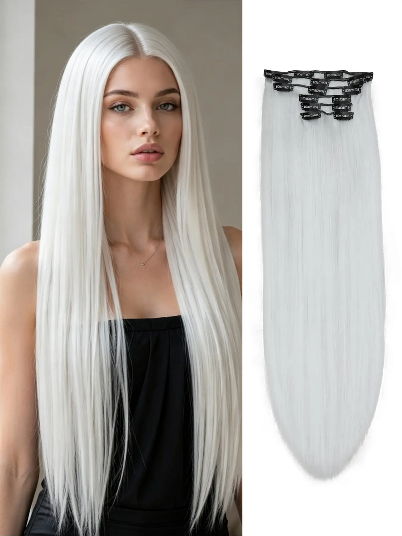 Synthetic Hair Extensions Straight Clip in Hair Extensions Clip ins - Soft and Thick Hair For Women Convenience Used Daily Party Cosplay Halloween And Christmas Gifts (24 Inches White Color)